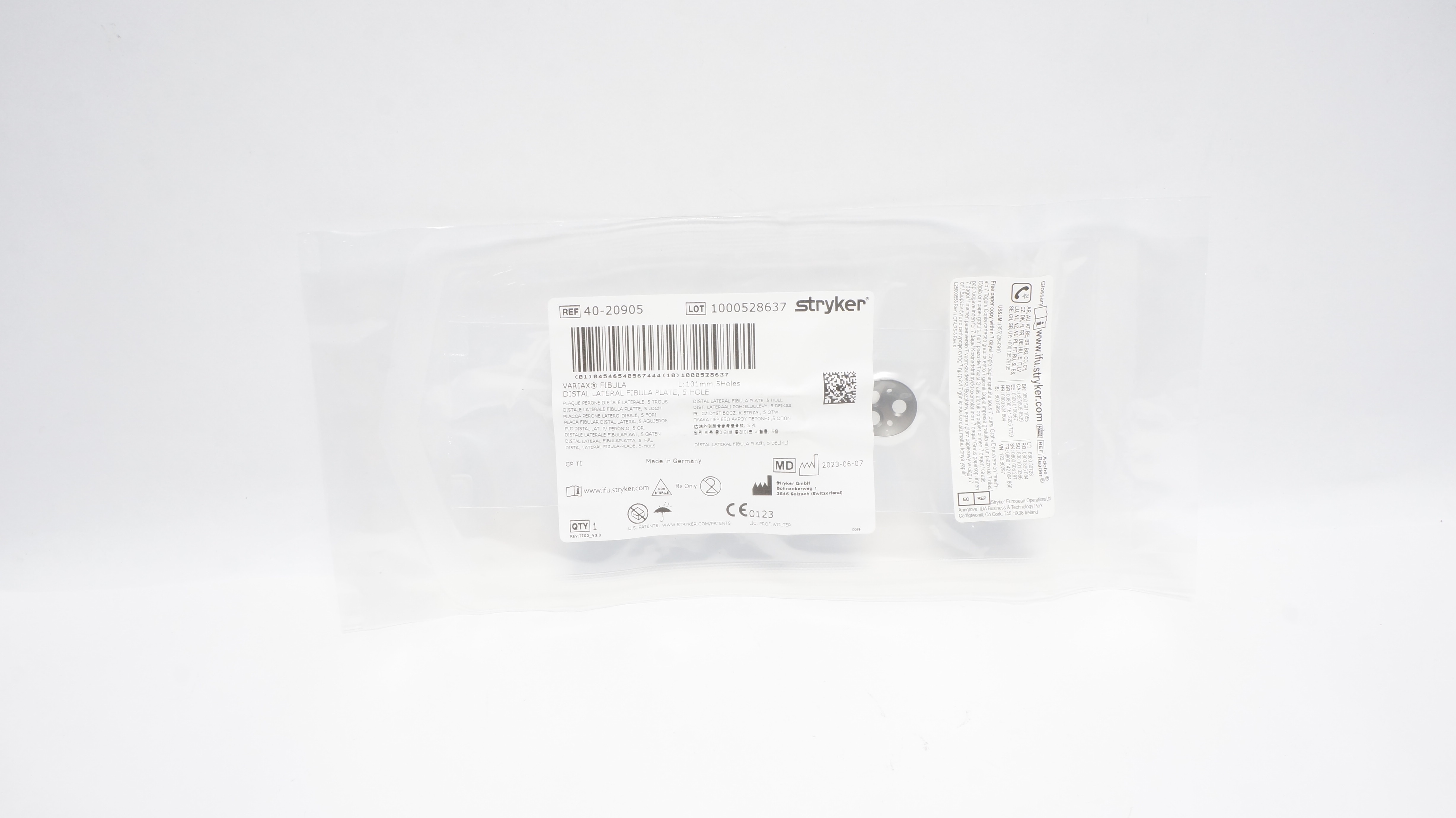 Stryker 40-20905 Variax Fibula Distal Lateral Fibula Plate, 5 Hole,  L:101mm