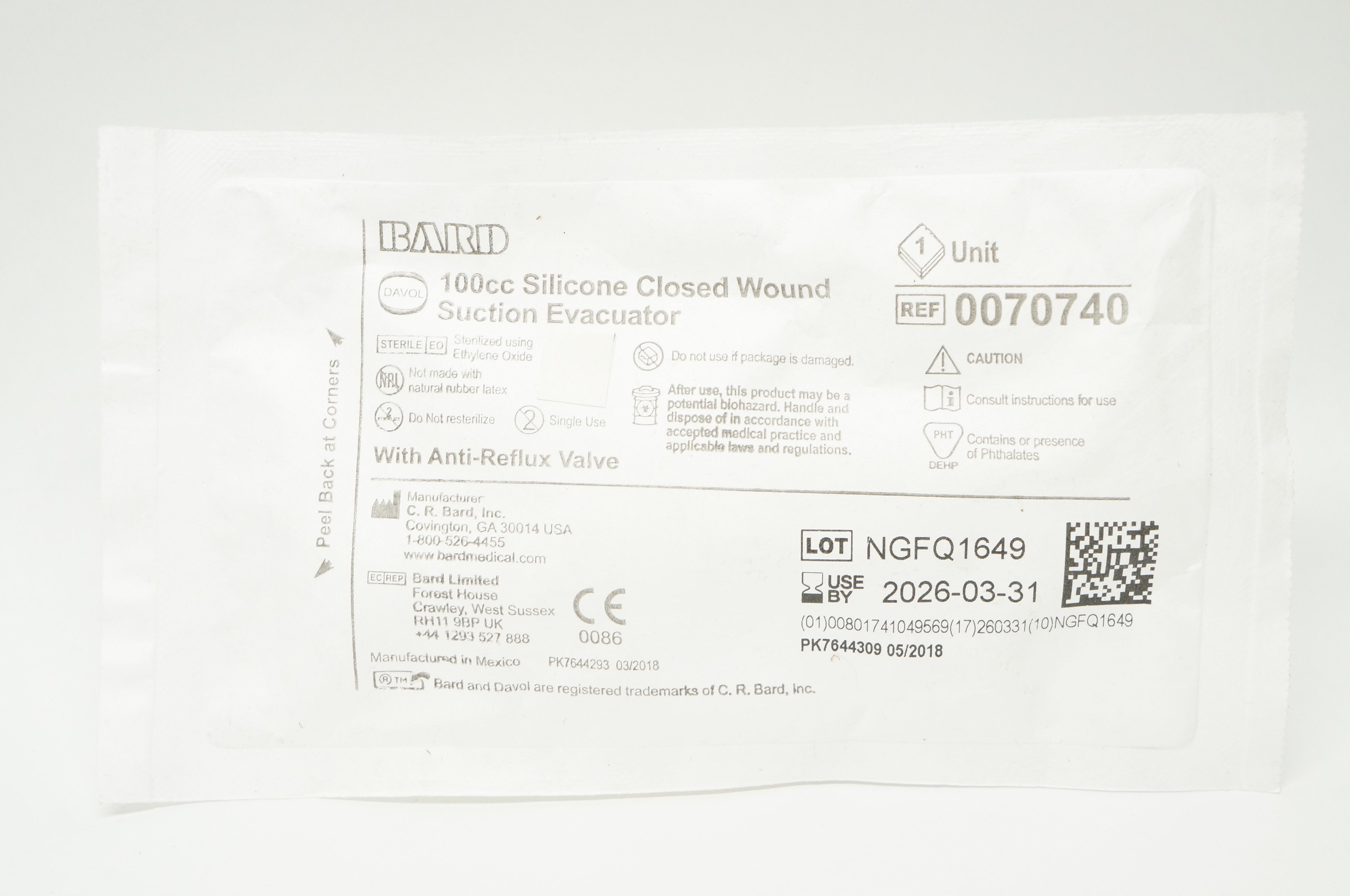Bard V0070740 Novaplus 100cc Silicone Closed Wound Suction Evacuator