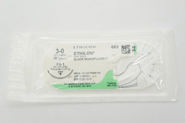 Ethicon 1663 3-0 Ethilon Nylon Stre FS-1 24 mm 3/8c Reverse Cutting 18 inch