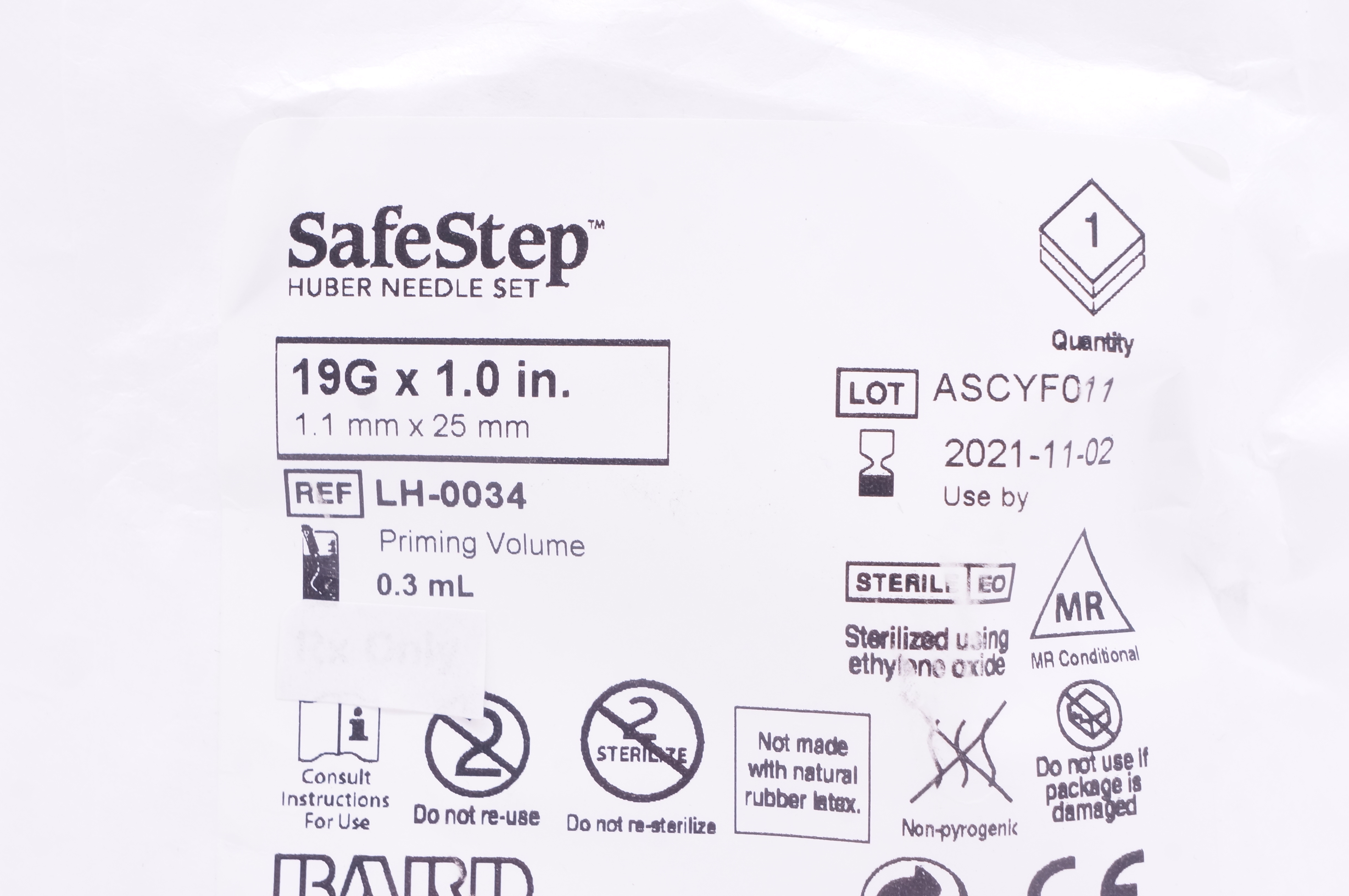 Bard LH-0034 SafeStep Huber Ndle Set 19G x 1.0 inch, Priming Volume 0.3 mL