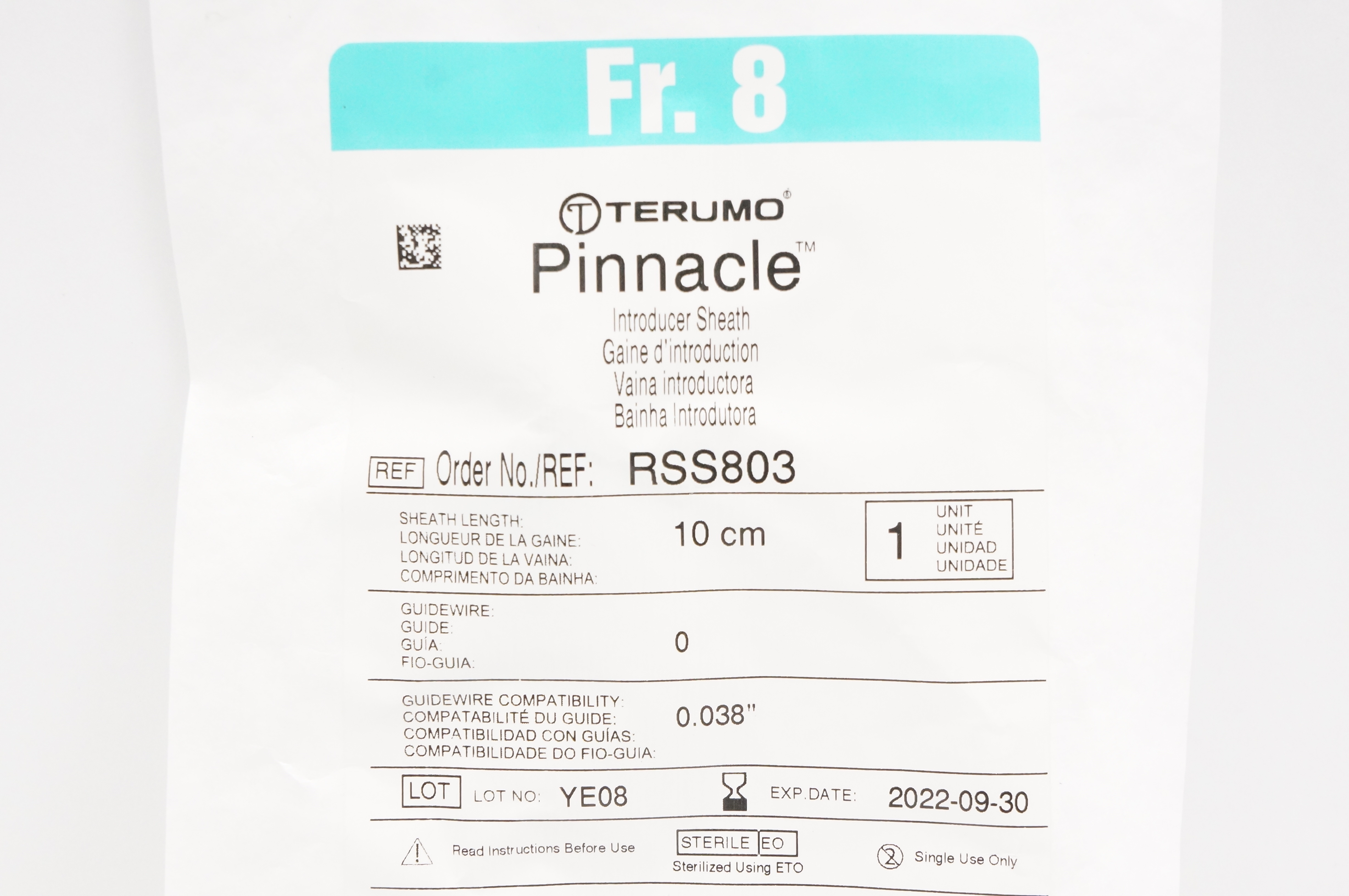 Terumo RSS803 Pinnacle Introducer Sheath 8Fr x 0.038inch x 10cm