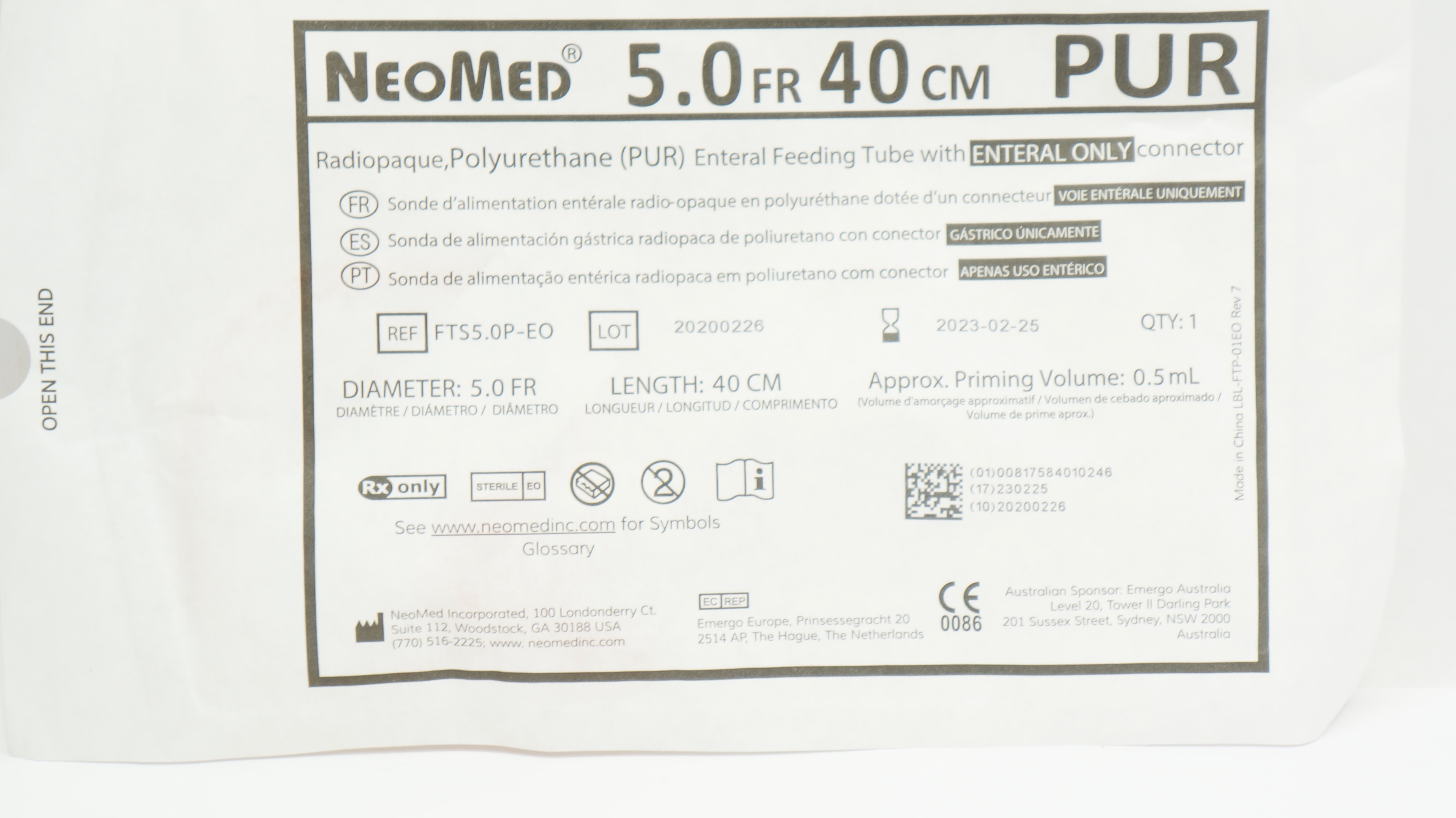 NeoMed FTS5.0P-EO Polyurethane Enteral Feeding Tube 5 FR x 40cm (x)