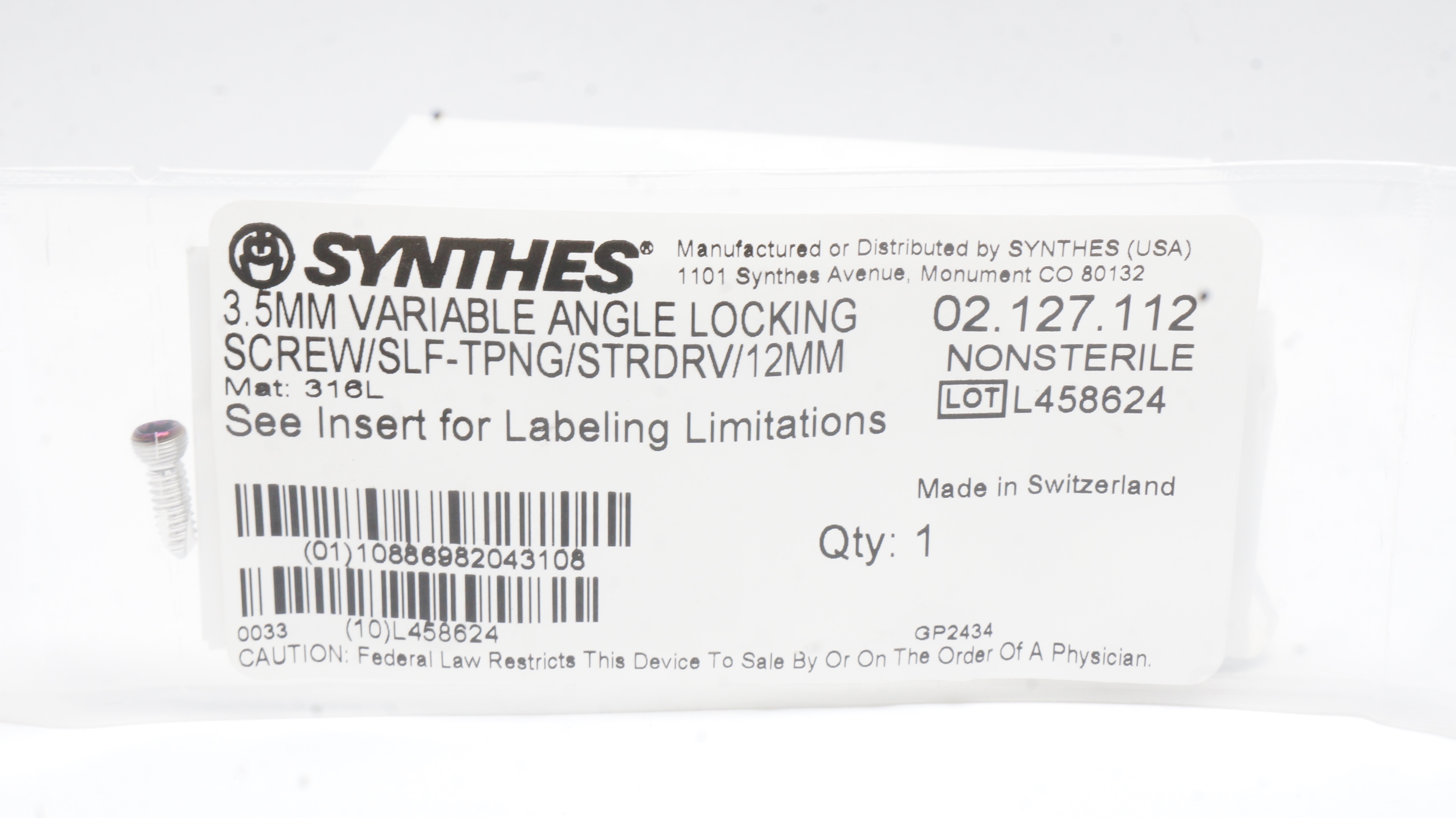 Synthes 02.127.112 3.5mm Variable Angle Locking Screw Self-Tapping STRDRV 12mm