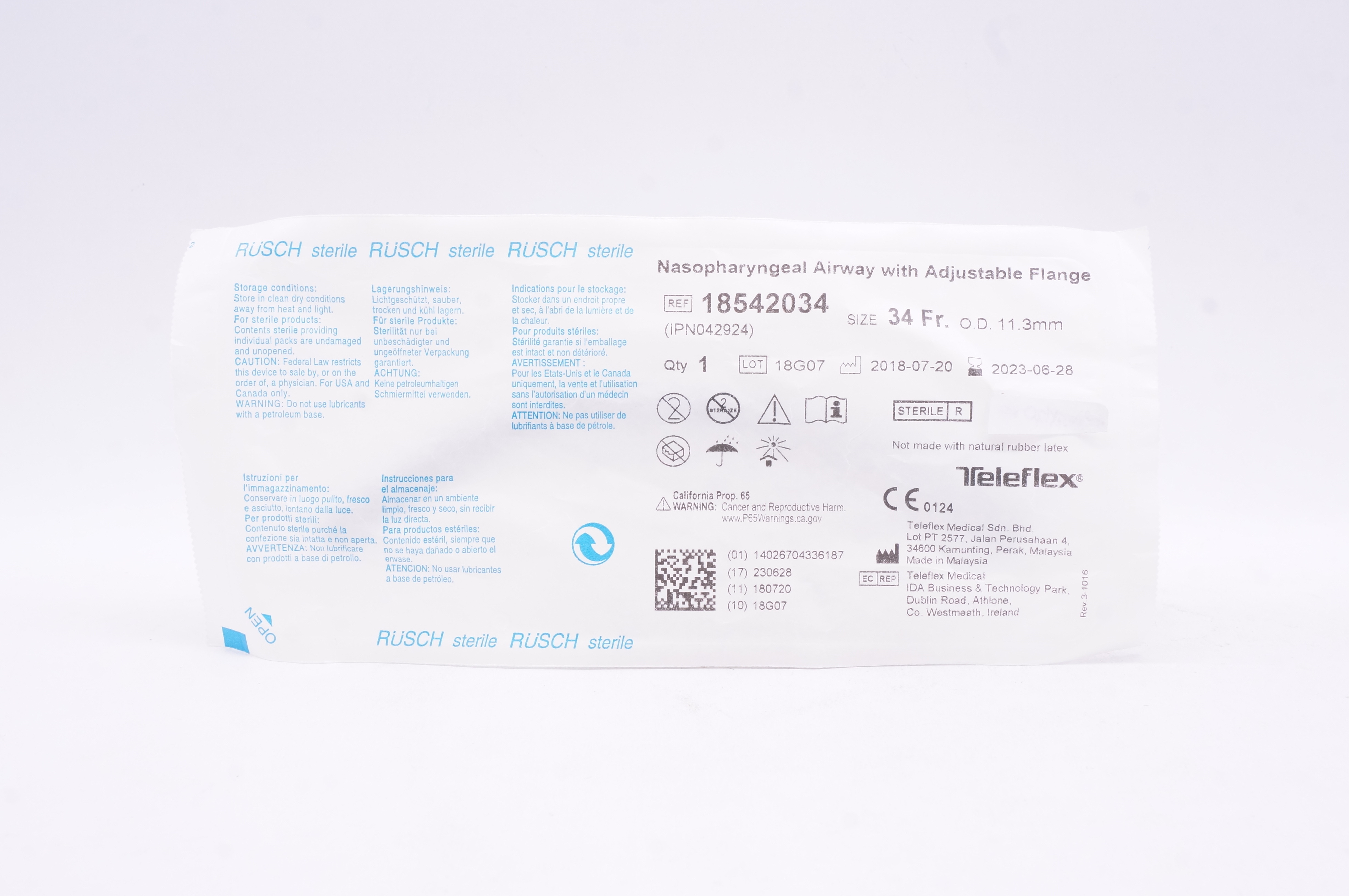 Teleflex 18542034 Nasopharyngeal Airway W/Adjustable Flange, Size 34Fr