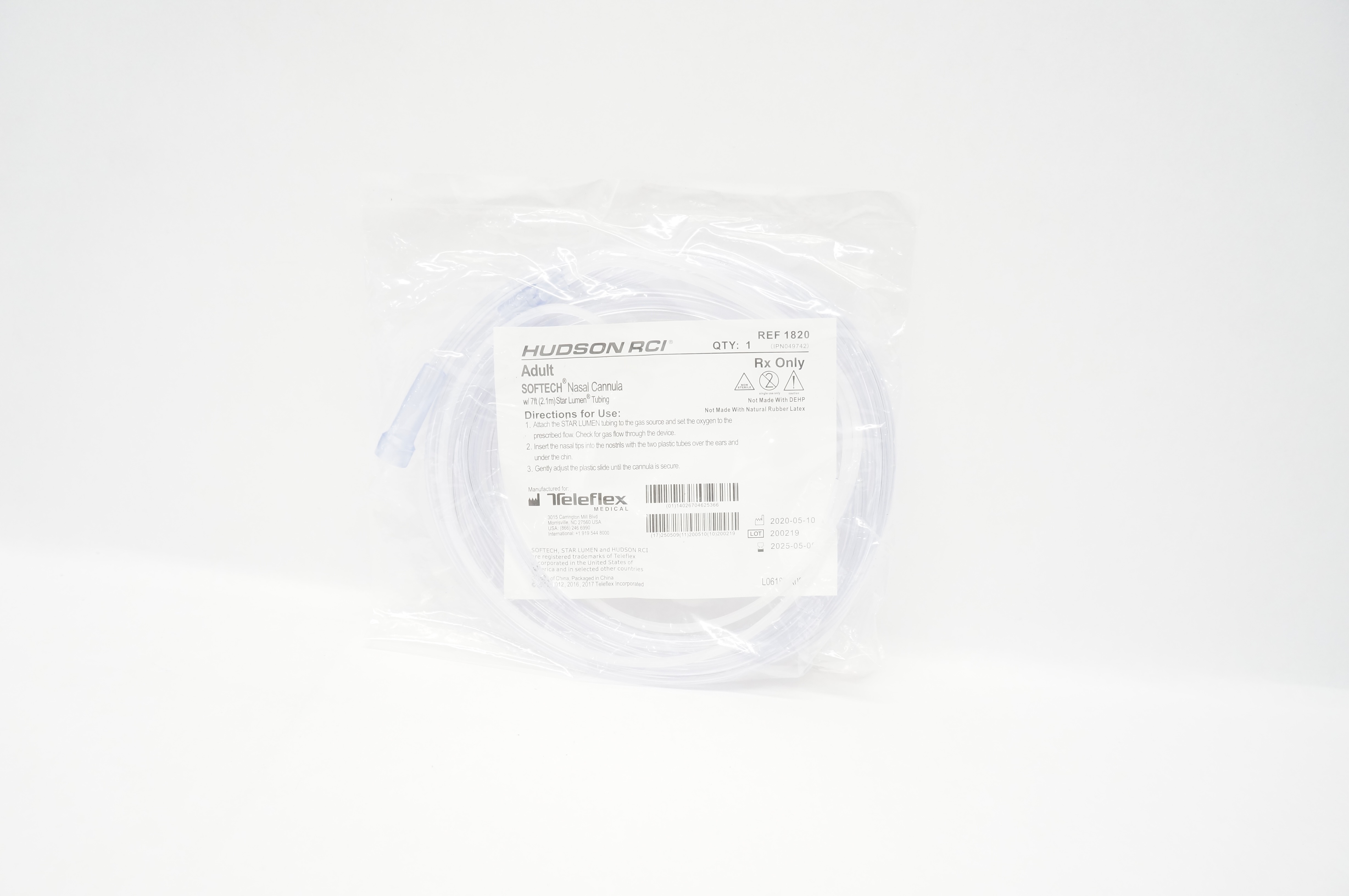 Teleflex 1820 Hudson RCI Softech Adult Nasal Cannula w/7ft Star Lumen Tubing