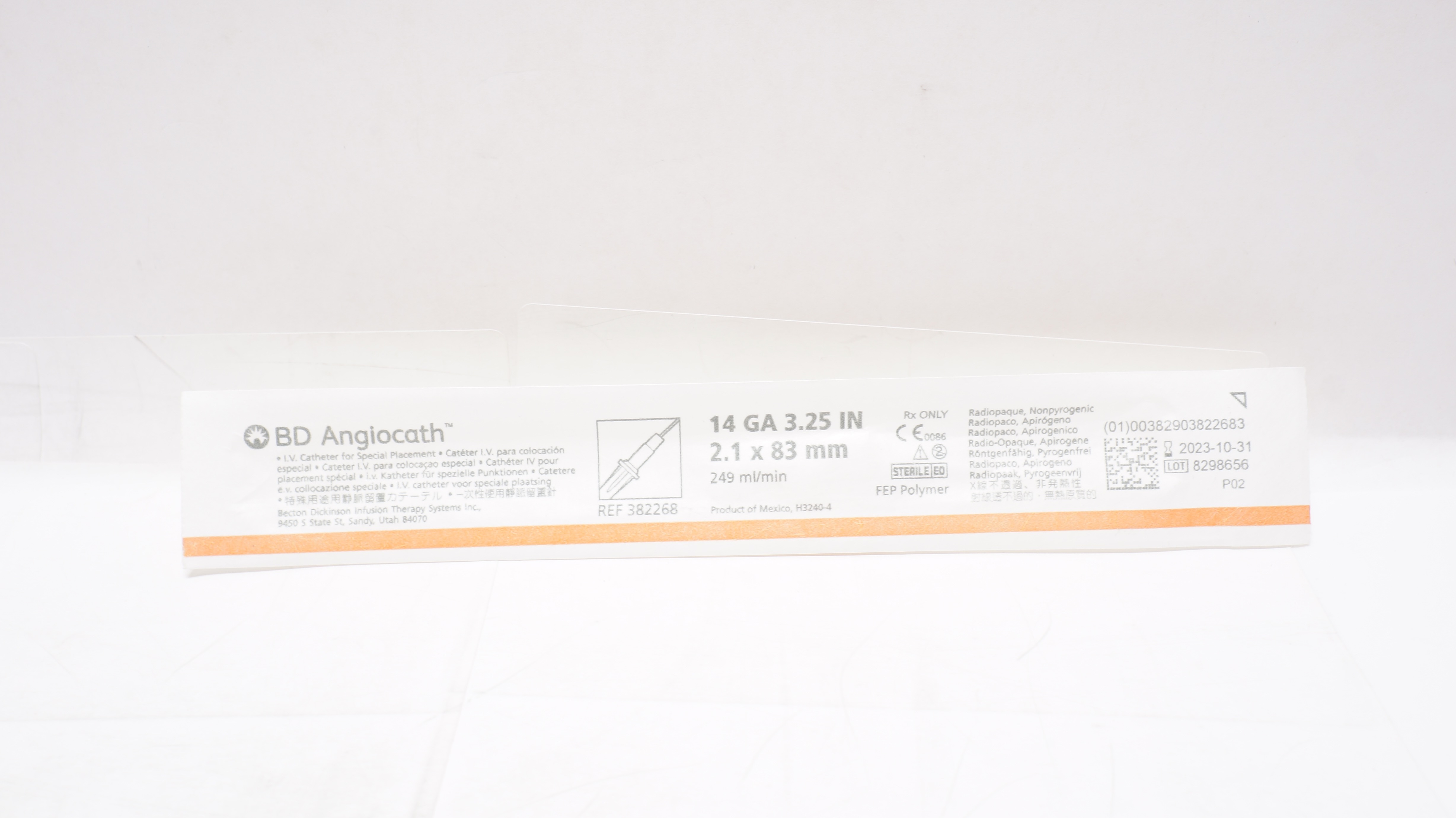 BD 382268 Angiocath IV Cath. for Special Placement 14GA x 3.25in. x 249mL/min(x)