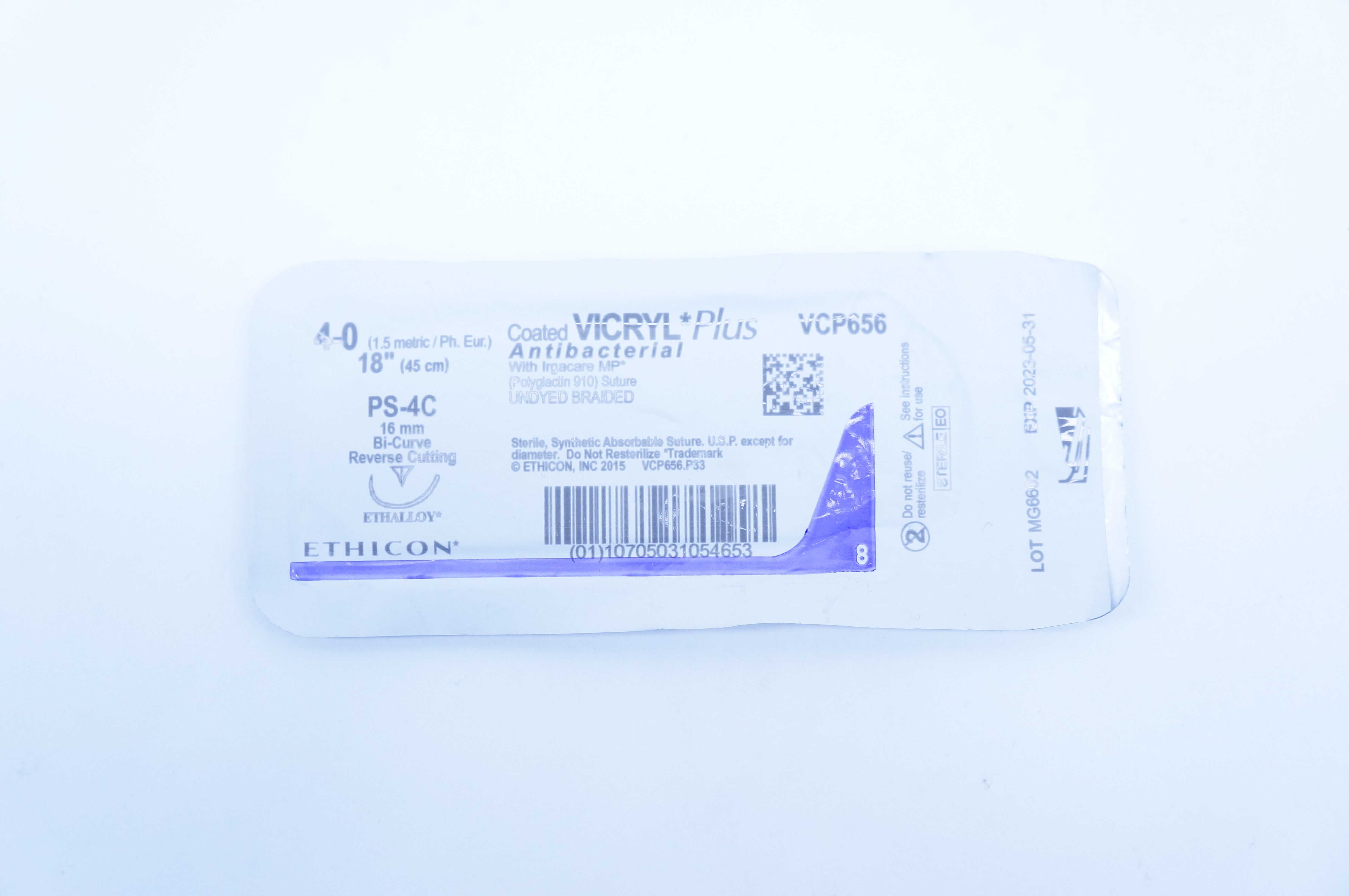 Ethicon VCP656 4-0 Vicryl Antibacterial Stre. Undyed Braided 18inch, PS-4C