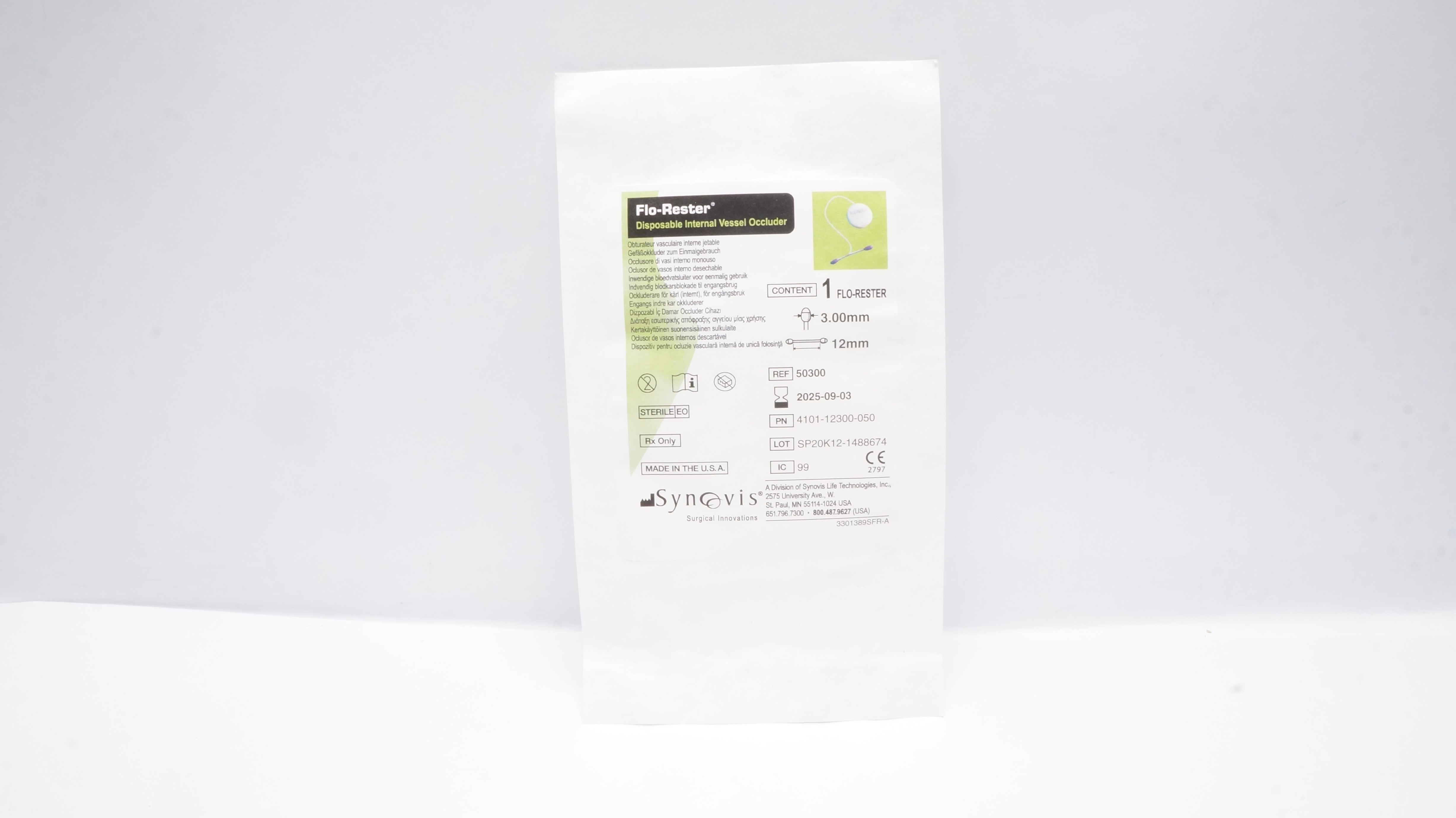 Synovis 50300 Flo-Rester Disposable Internal Vessel Occluder 3.00mm x 12mm