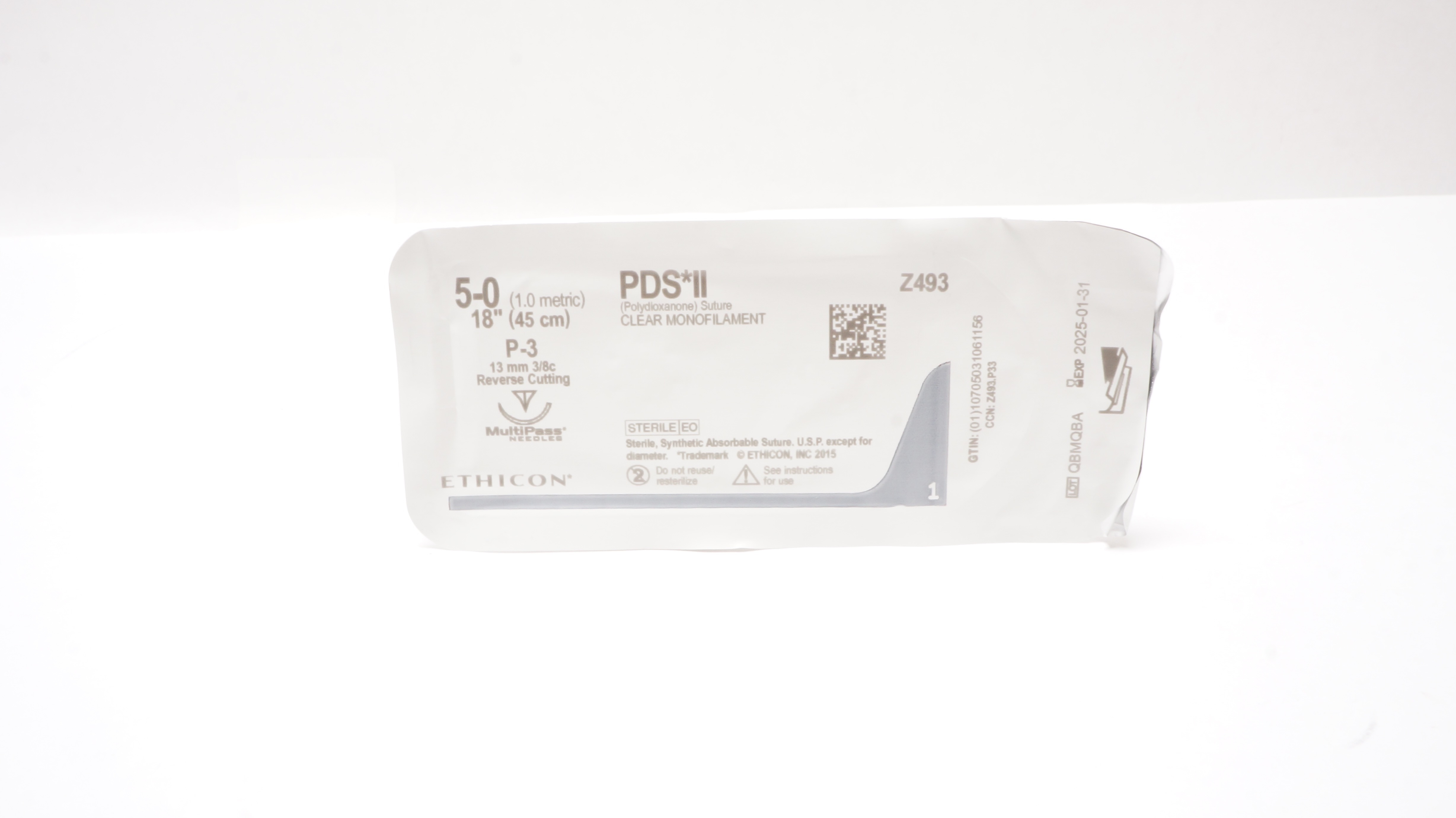 Ethicon Z493 5-0 PDS II Polydioxanone Stre P-3 13mm 3/8c Reverse Cutting, 18inch