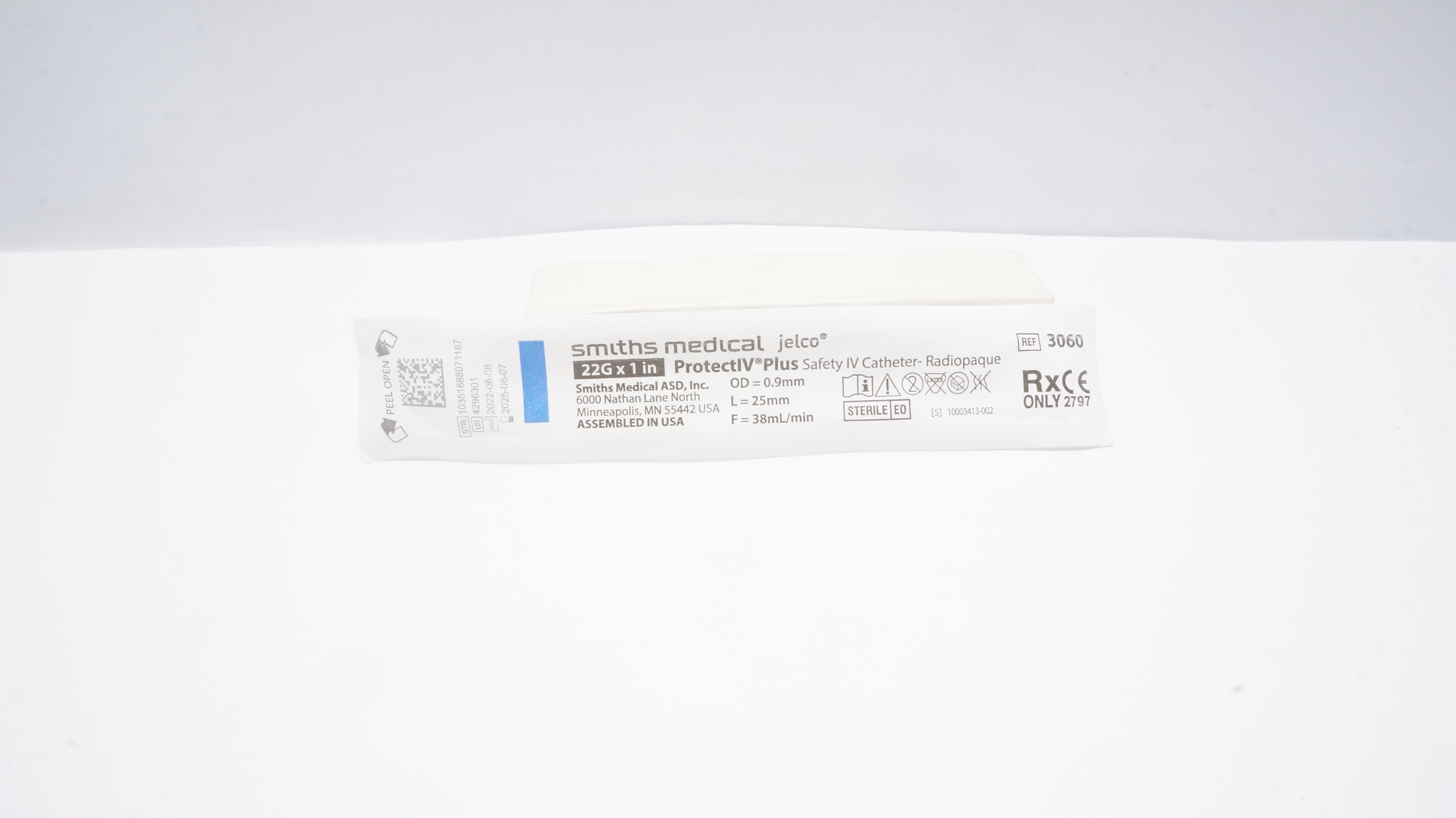 Smiths Medical 3060 Jelco Protect IV Plus Safety Cath. 22G x 1inch, 38ml/min