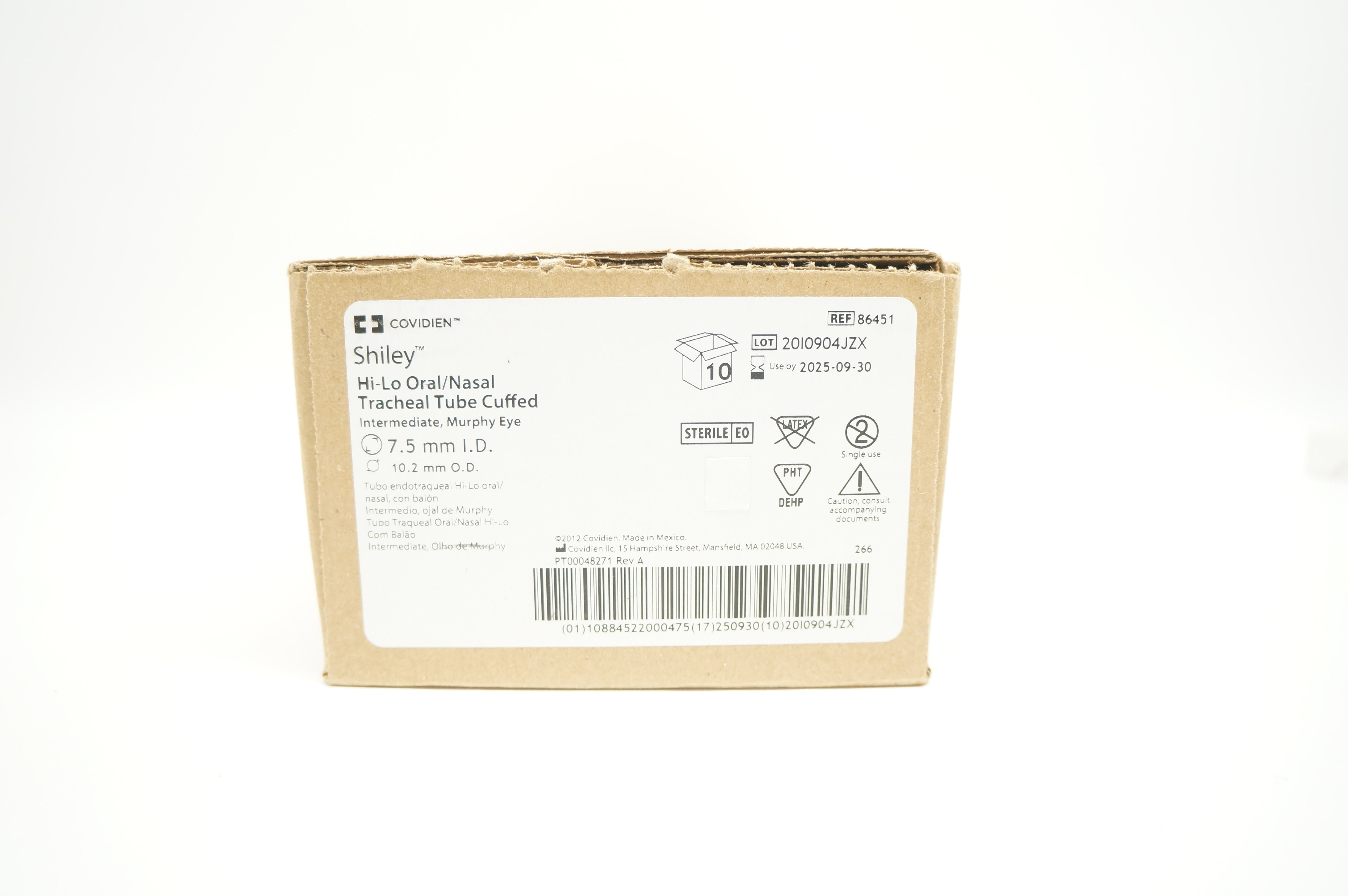 Covidien 86451 Shiley Oral/Nasal Tracheal Tube 7.5mm ID x 10.2mm OD - Box of 10