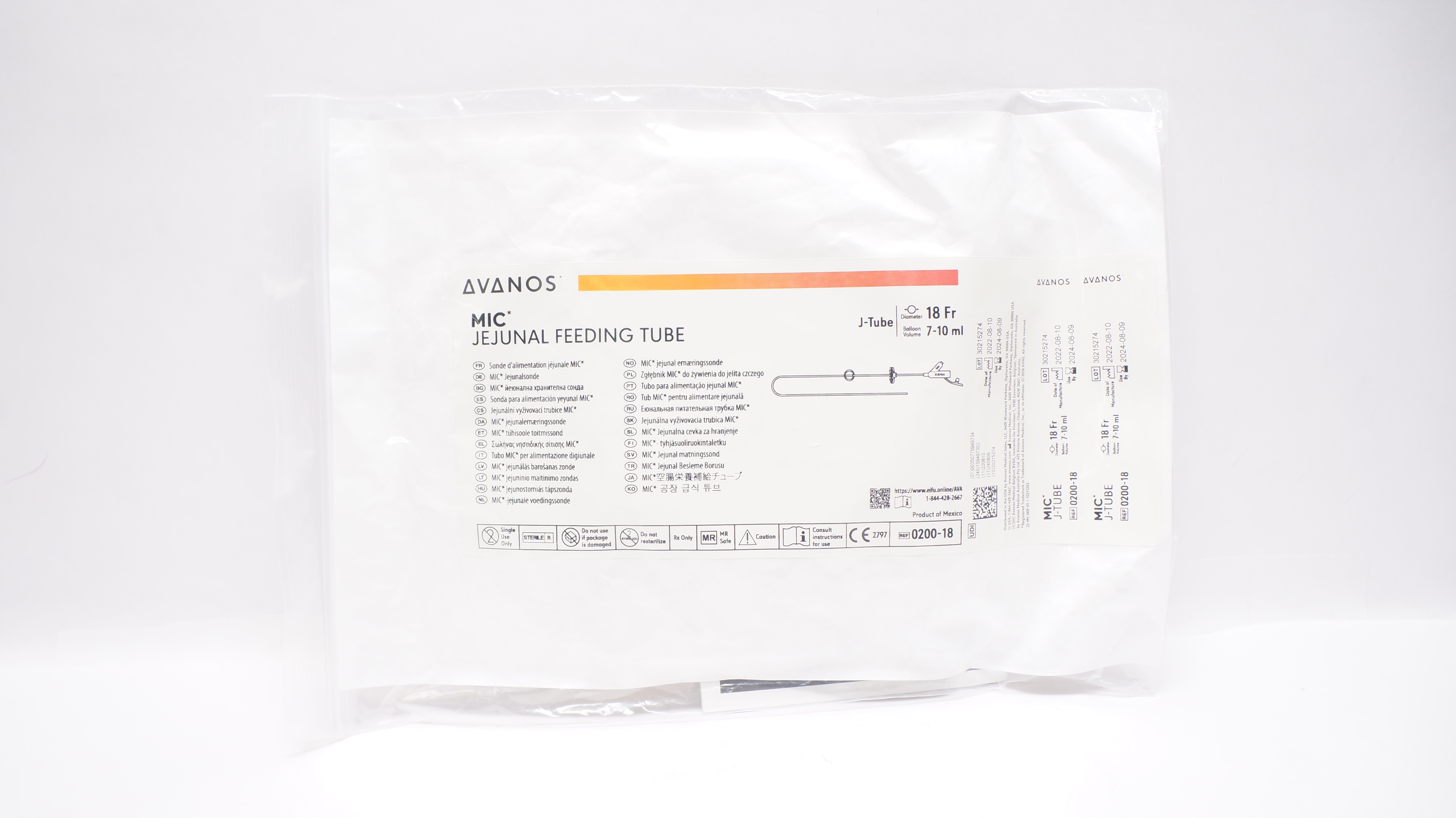 Avanos 0200-18 MIC Jejunal Feeding Tube J-Tube 18Fr x 7-10 ml