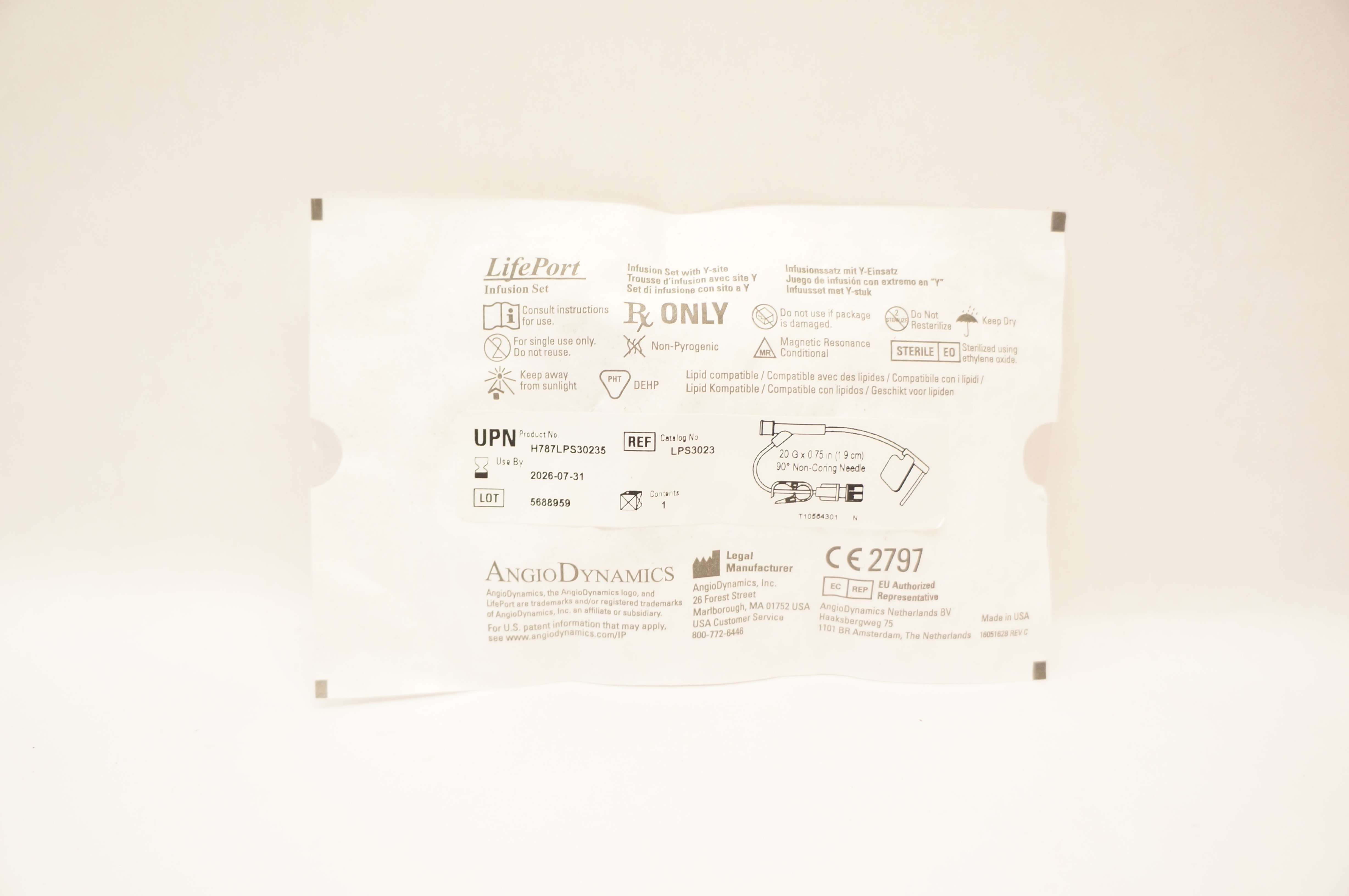 AngioDynamics LPS3023 LifePort Infusion Set w/Y-Site 20Gx0.75inch 90Degree Ndle