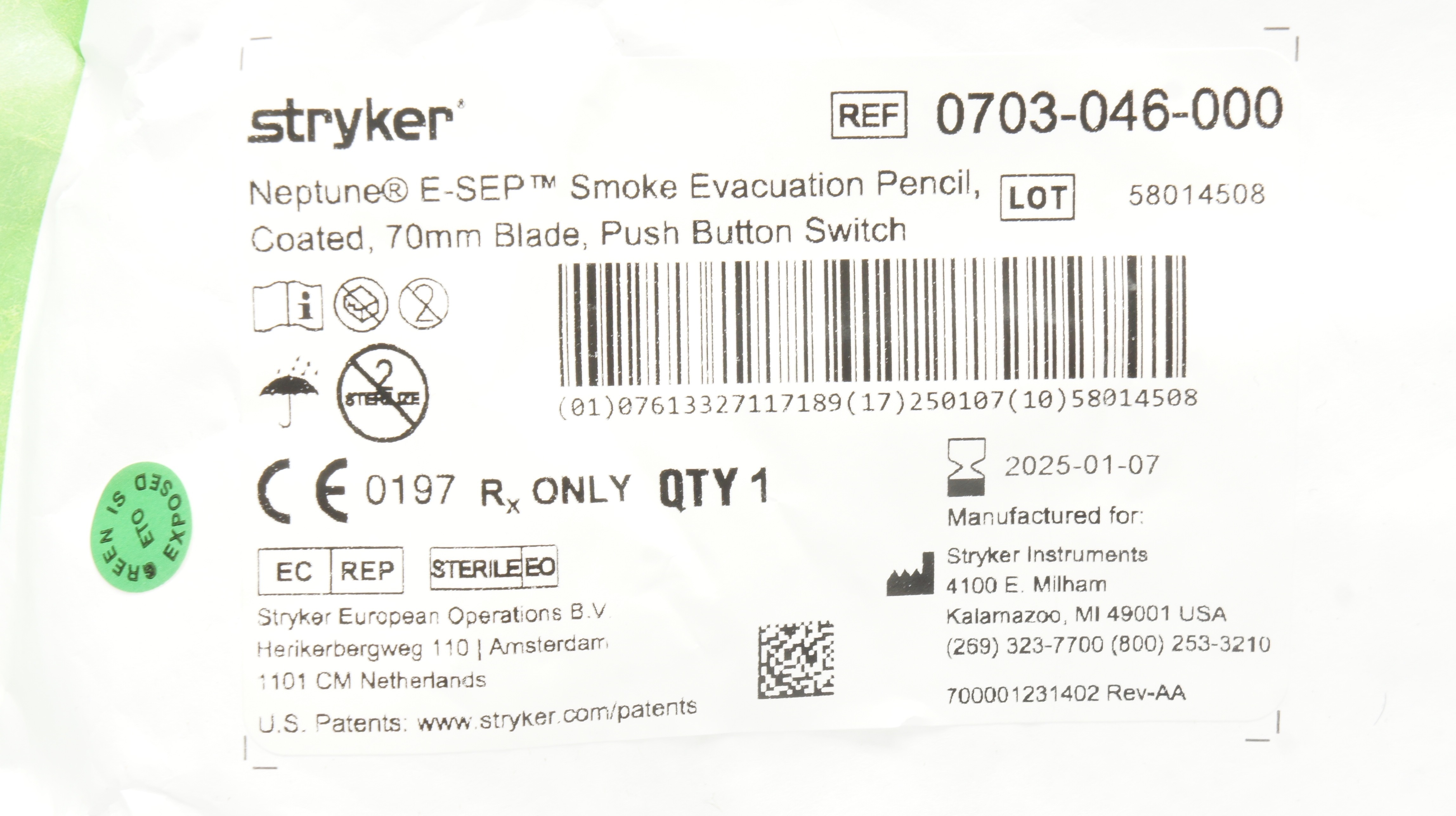 Stryker 0703-046-000 Neptune E-SEP Smoke Evacuation Pencil Coated 70mm Blade
