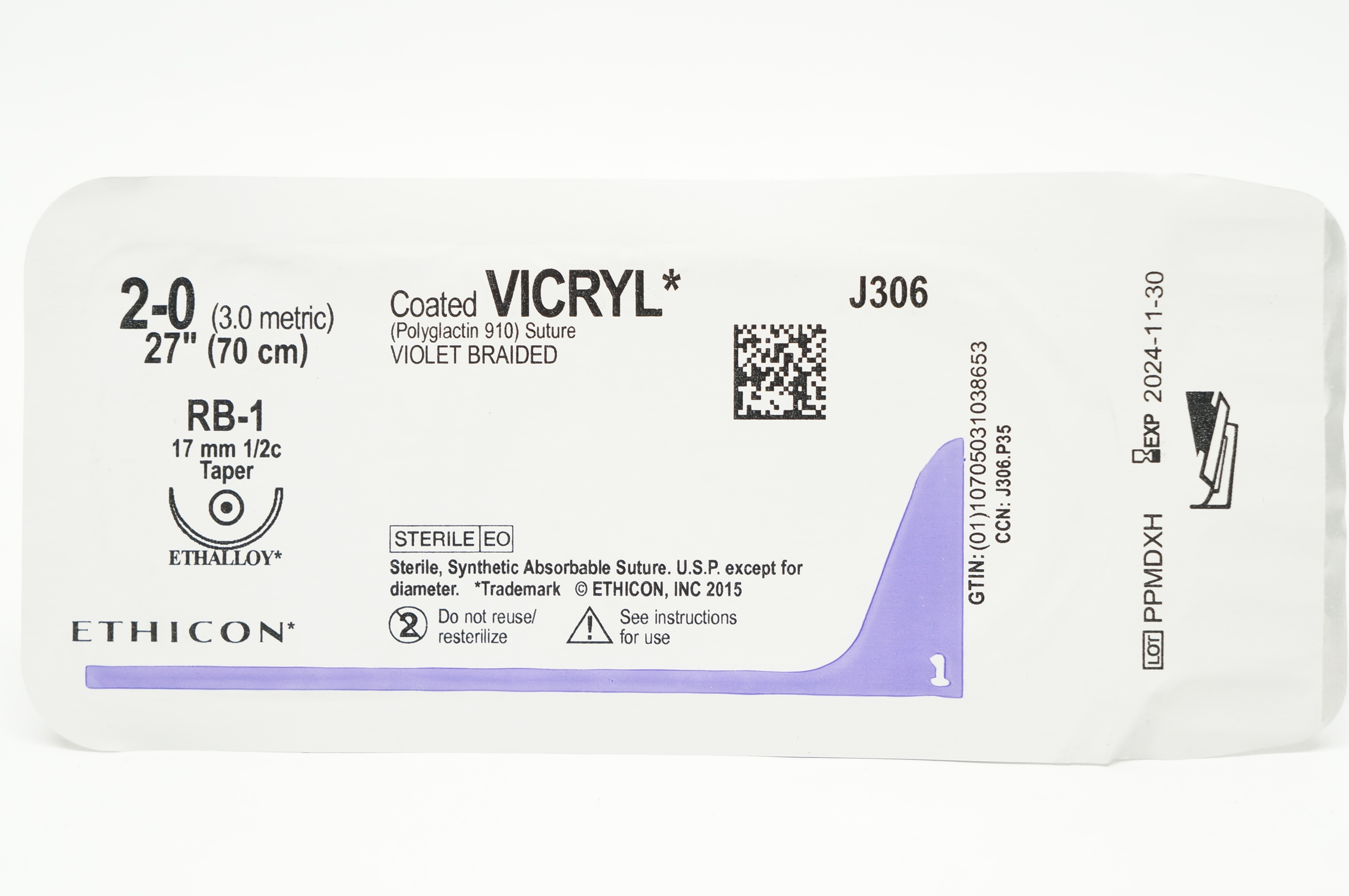Ethicon J306 2-0 VICRYL RB-1 17mm 1/2c Taper 27inch