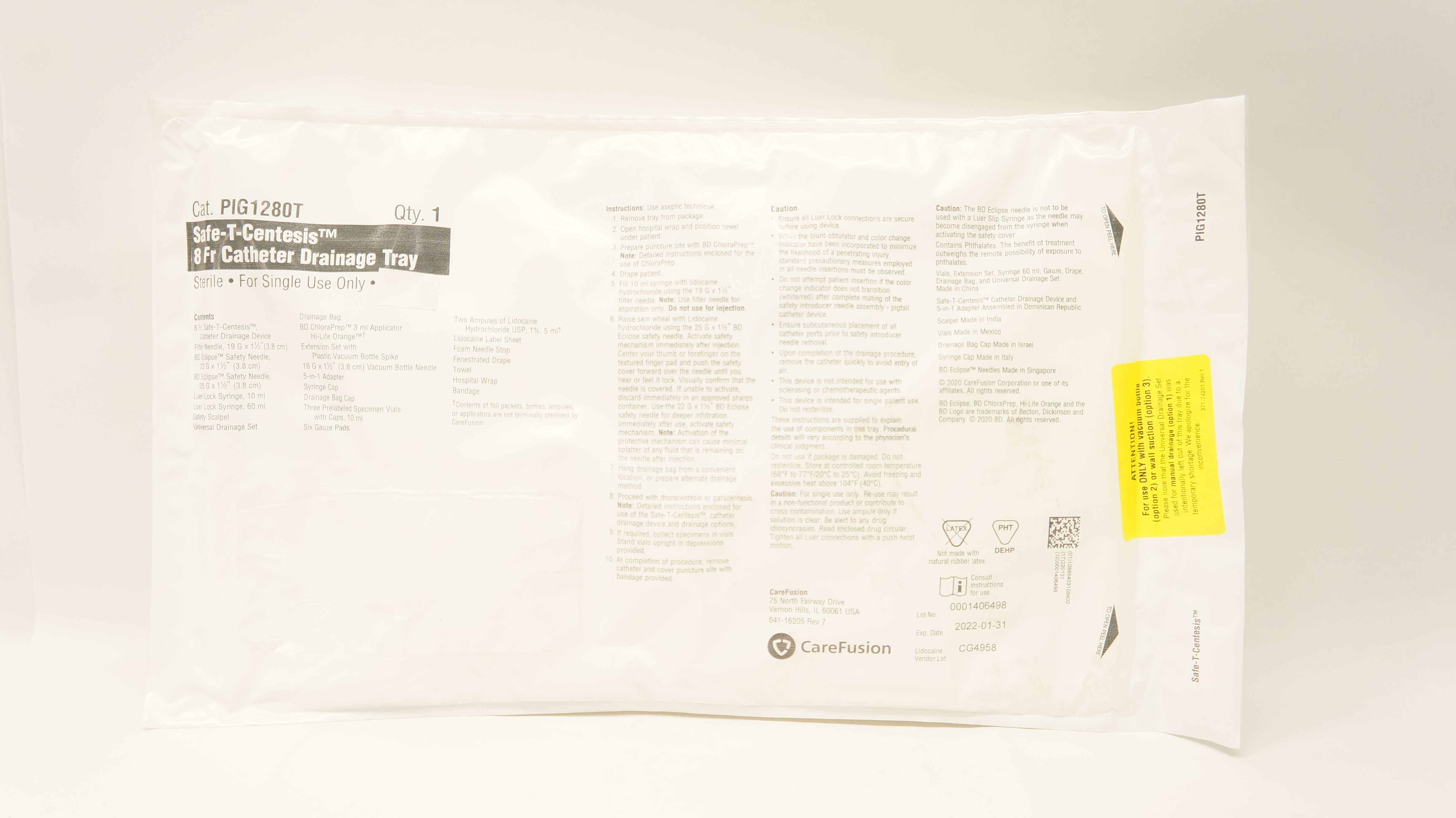 CareFusion PIG1280T Safe-T-Centesis 8Fr. Cath. Drainage Tray