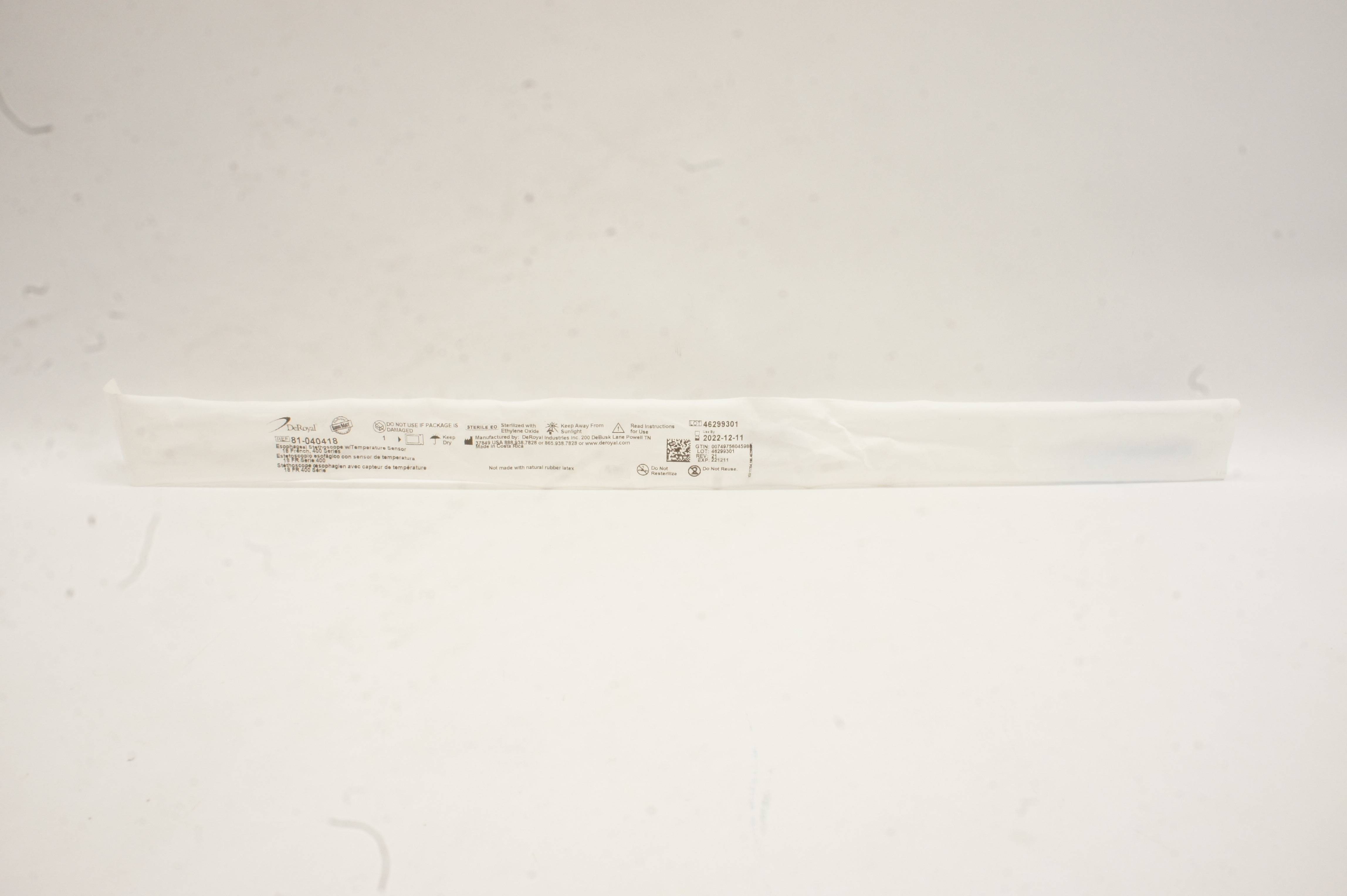 DeRoyal 81-040418 Esophageal Stethoscope w/Temperature Sensor 18Fr 400 Series(x)