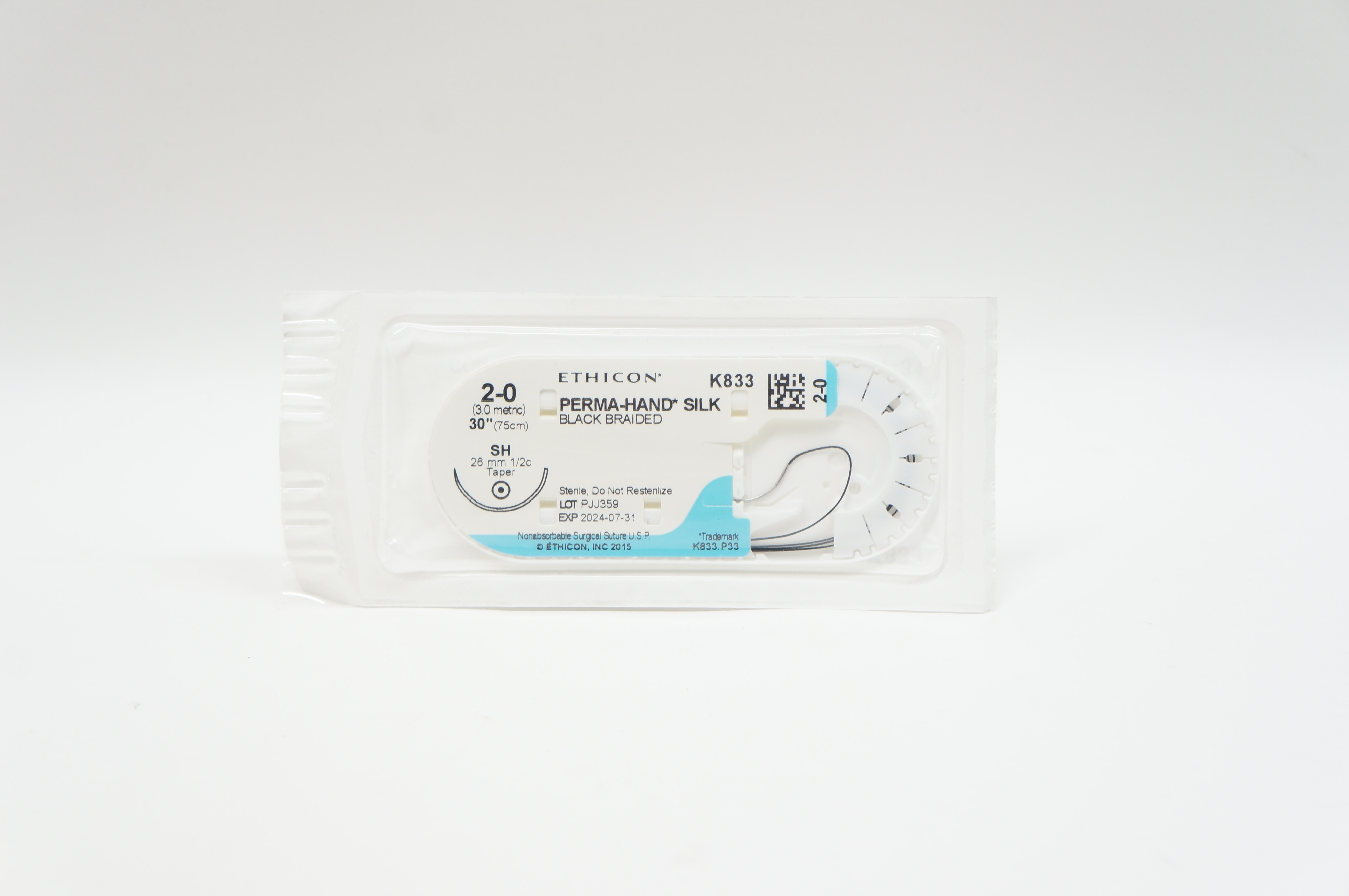 Ethicon K833 2-0 PERMA-HAND SILK, SH, 26mm 1/2c Taper, 30inch