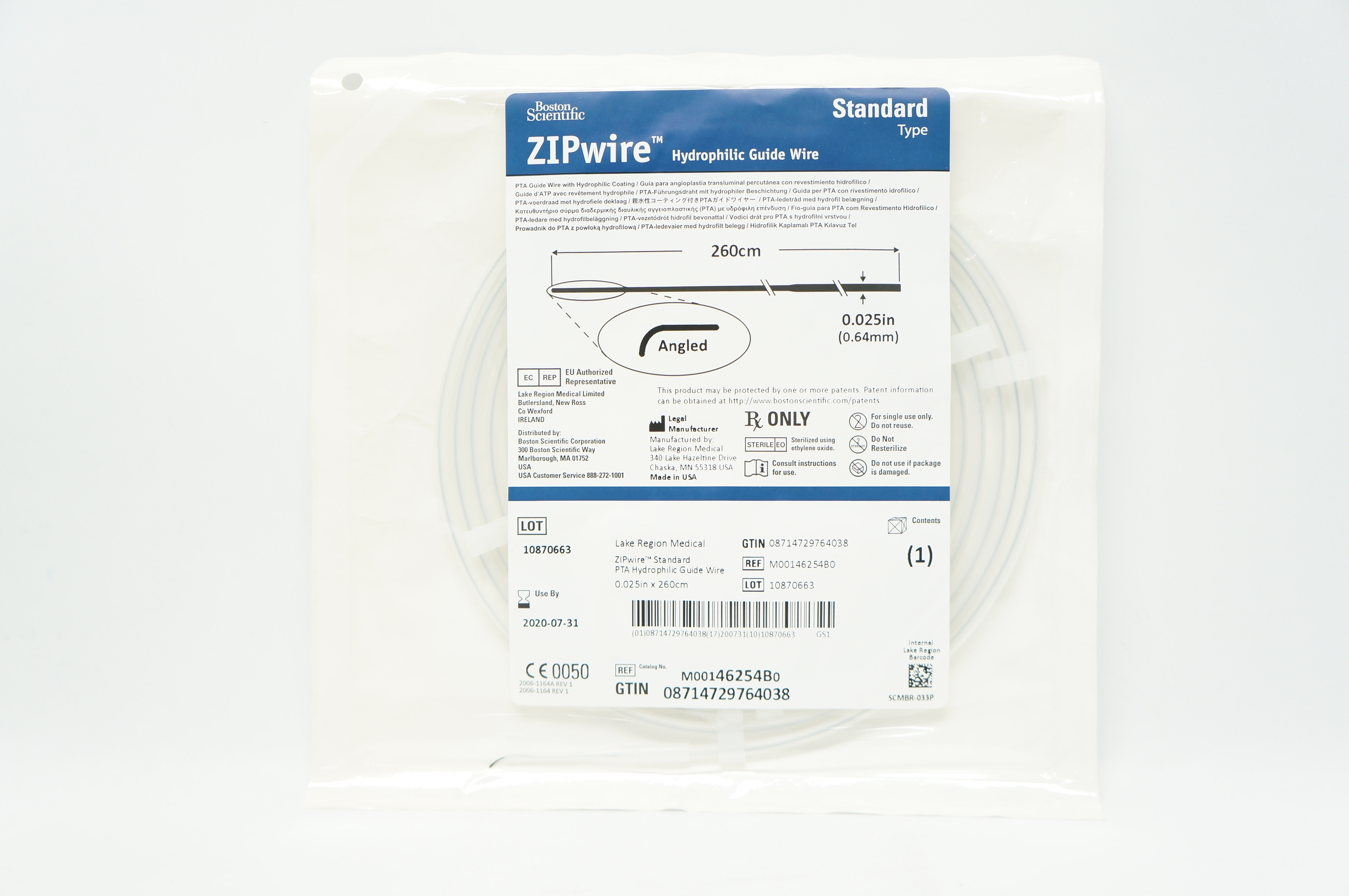 Boston Scientific M00146254B0 ZIPwire Hydrophilic Guide Wire 0.025 in x 260cm(x)
