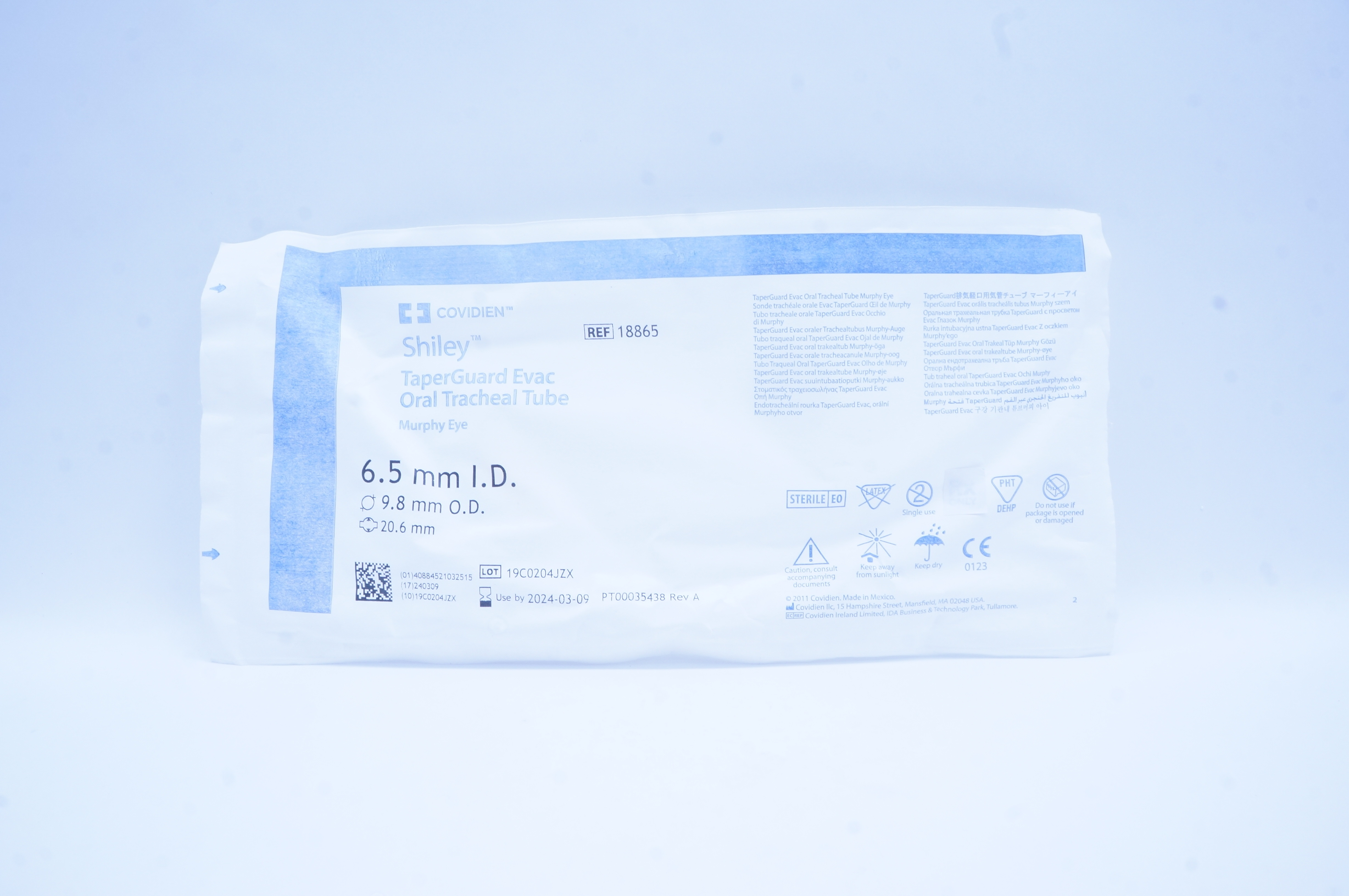 Covidien 18865 Shiley TaperGuard Evac Oral Tracheal Tube 6.5 x 9.8mm x 20.6mm