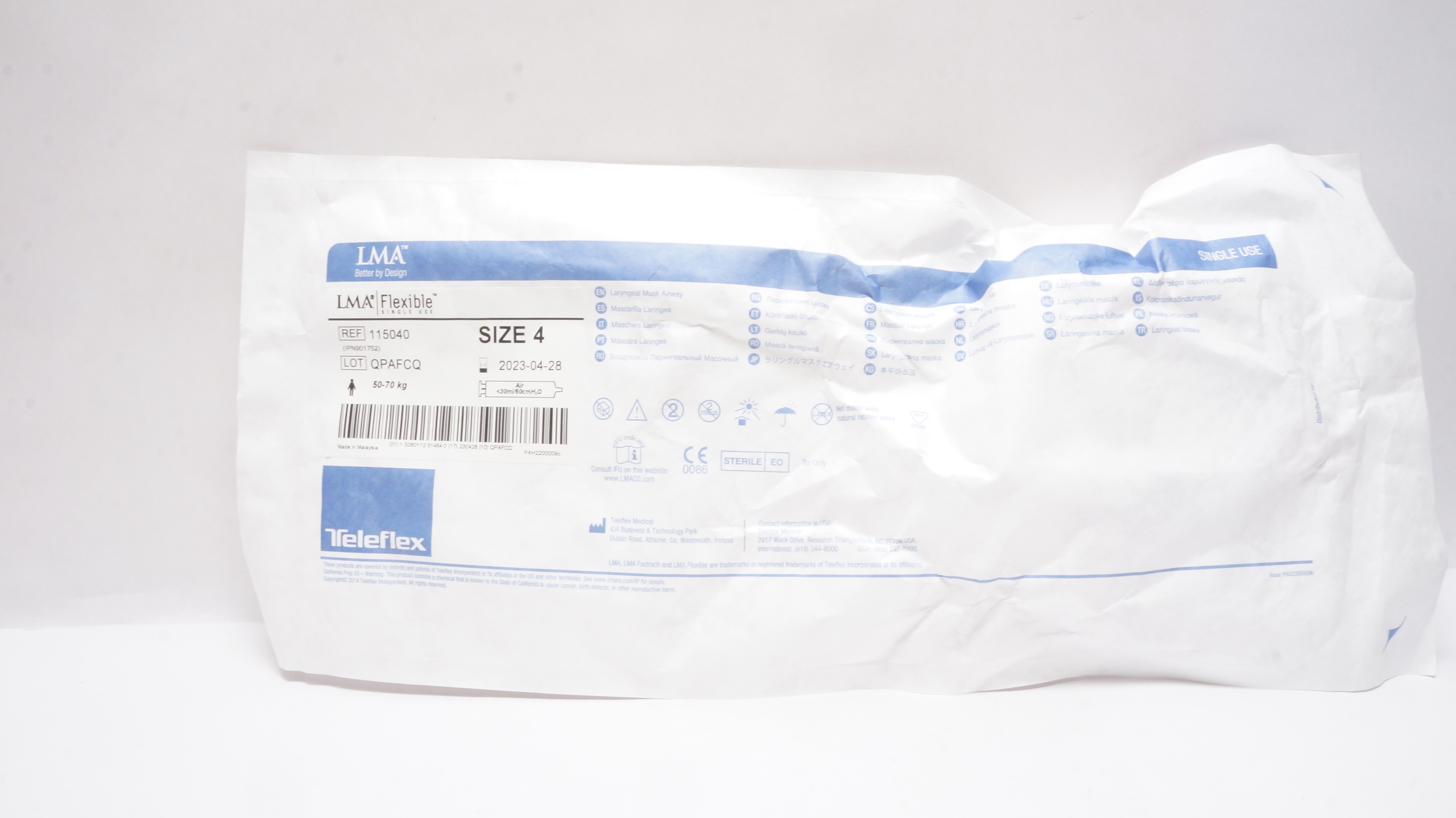 Teleflex 115040 Laryngeal Mask Airway Size 4 50-70kg Air<30ml/60cm H2O (x)