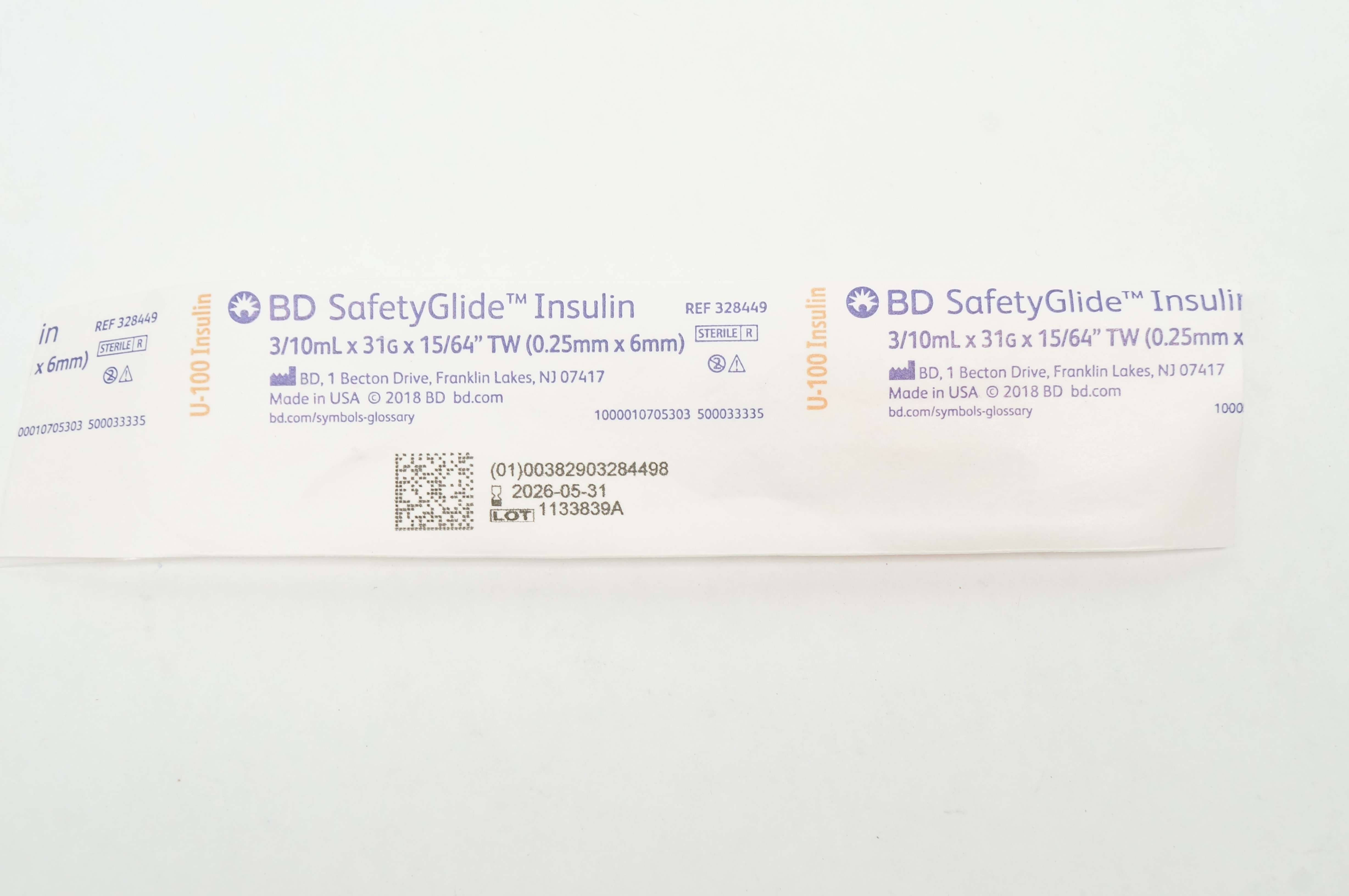 BD 328449 SafetyGlide Insulin Syringe 3/10ml x 31G x 15/64in TW