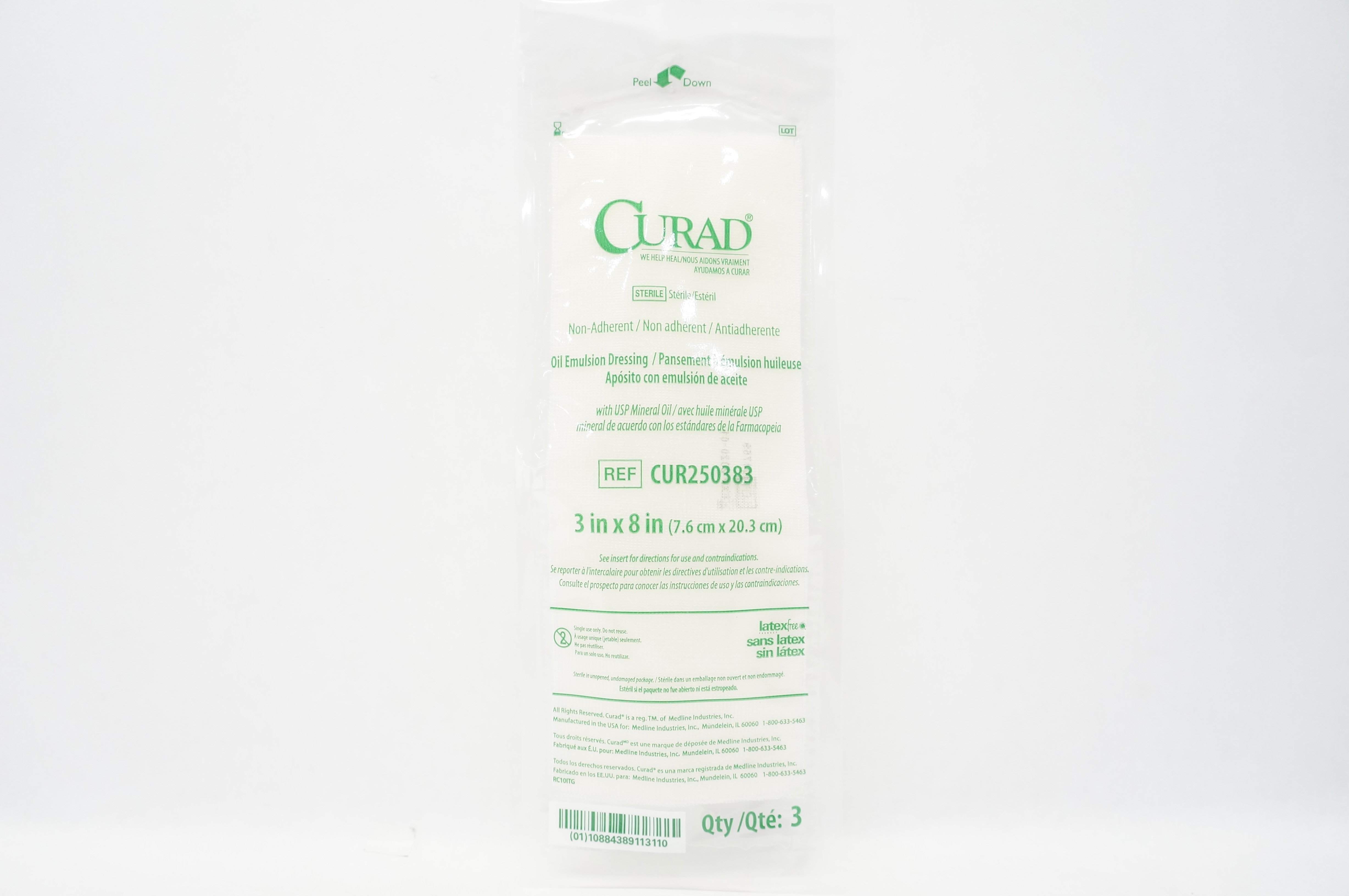 Medline CUR250383 Curad Non-Adherent Oil Emulsion Dressing 3 x 8in (x)-Pack of 3