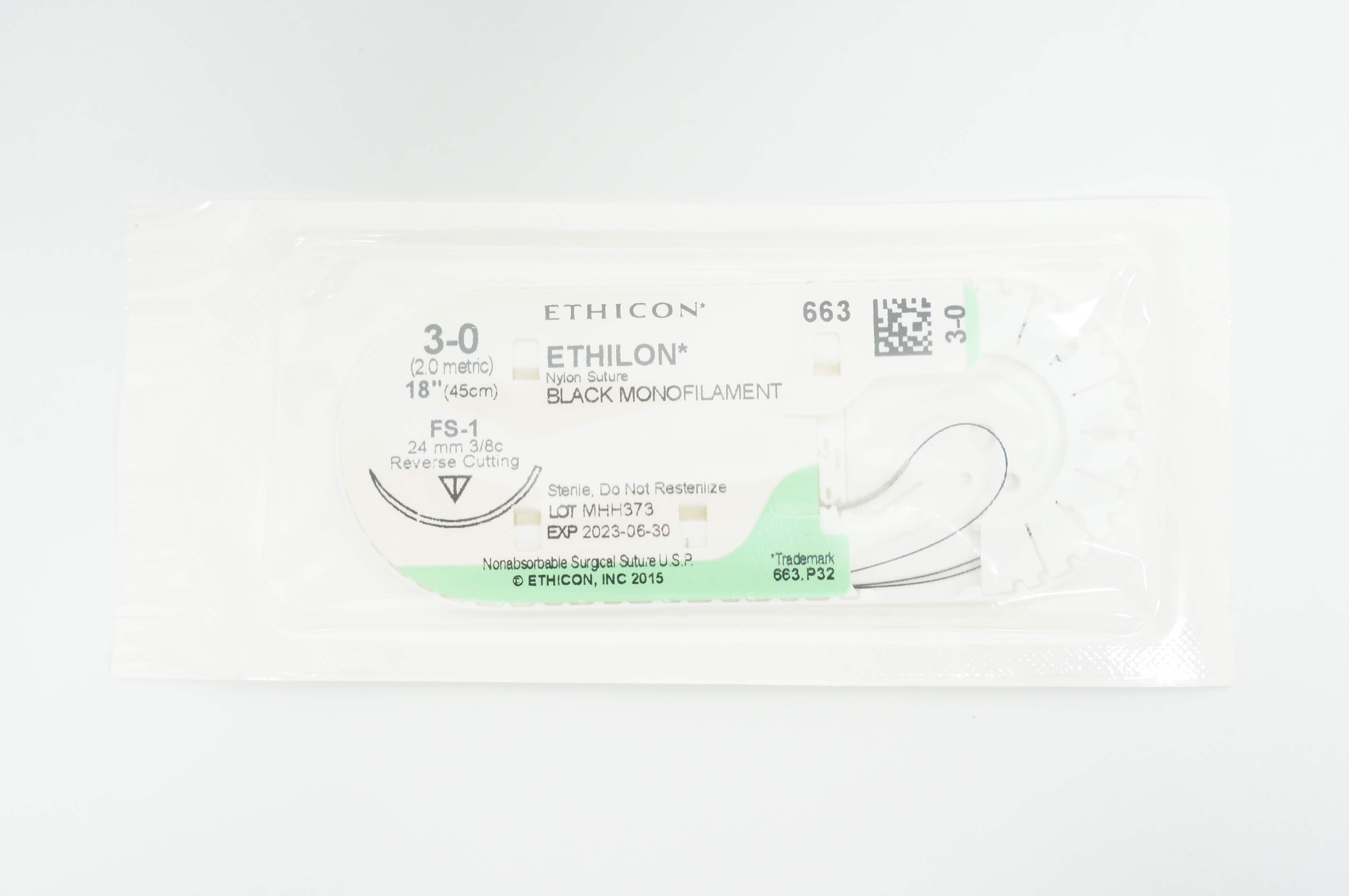 Ethicon 663 3-0 Ethilon Nylon FS-1, 24mm 3/8c Reverse Cutting, 18 inch