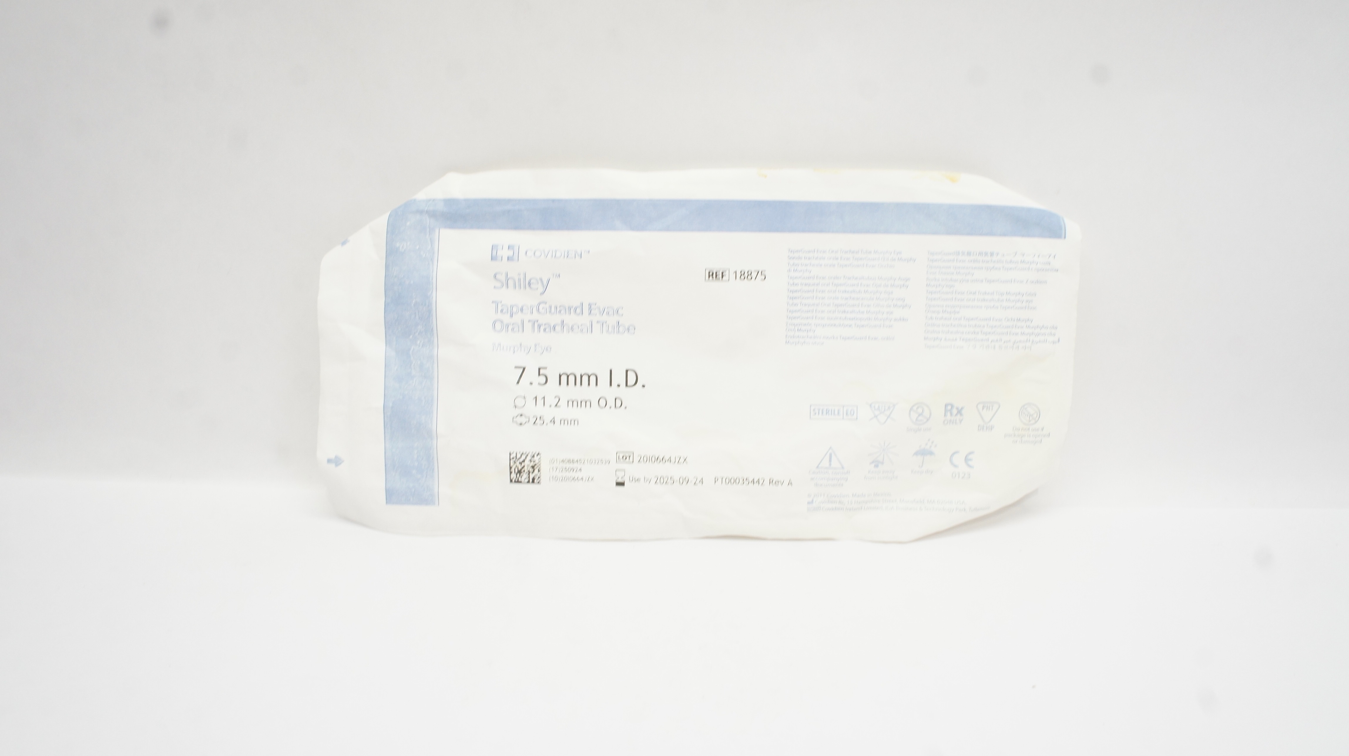 Covidien 18875 Shiley TaperGuard Evac Oral Tracheal Tube 7.5ID x 11.2OD x 25.4mm