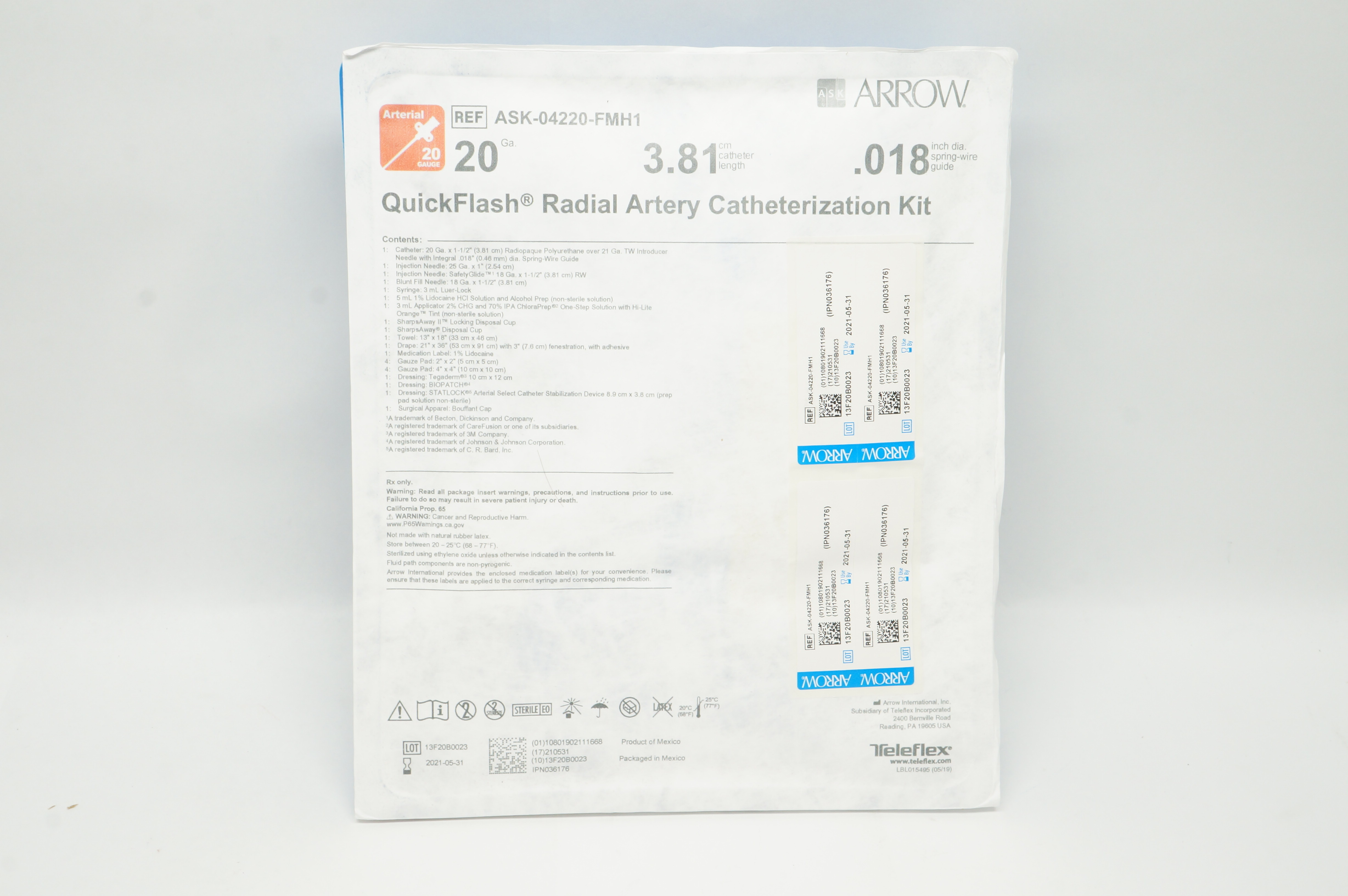 Arrow ASK-04220-FMH1 QuickFlash Radial Artery Catheterization Kit 20 Ga (x)