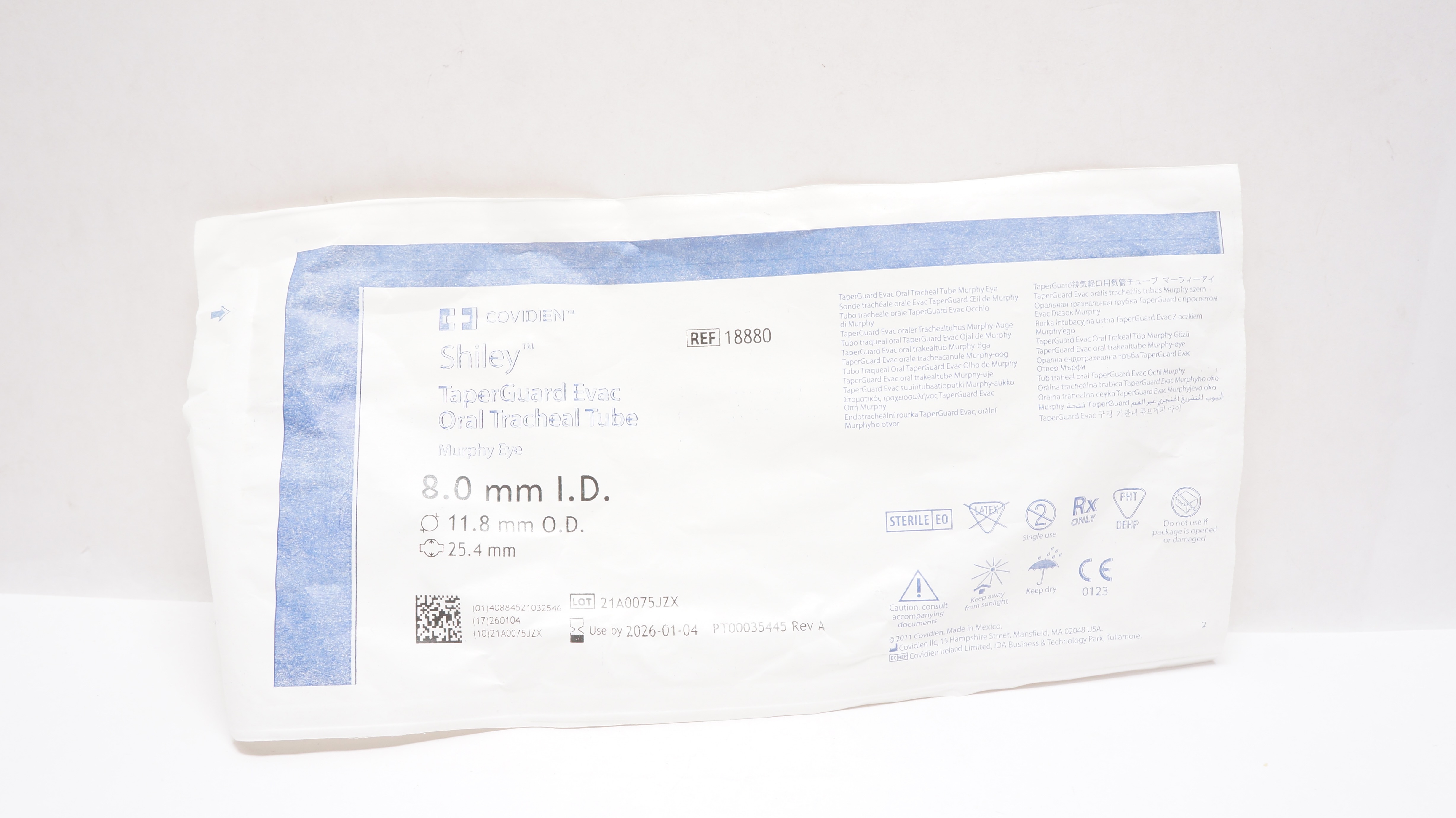 Covidien 18880 Shiley TaperGuard Evac Oral Tracheal Tube 8.0ID x 11.8OD x 25.4mm