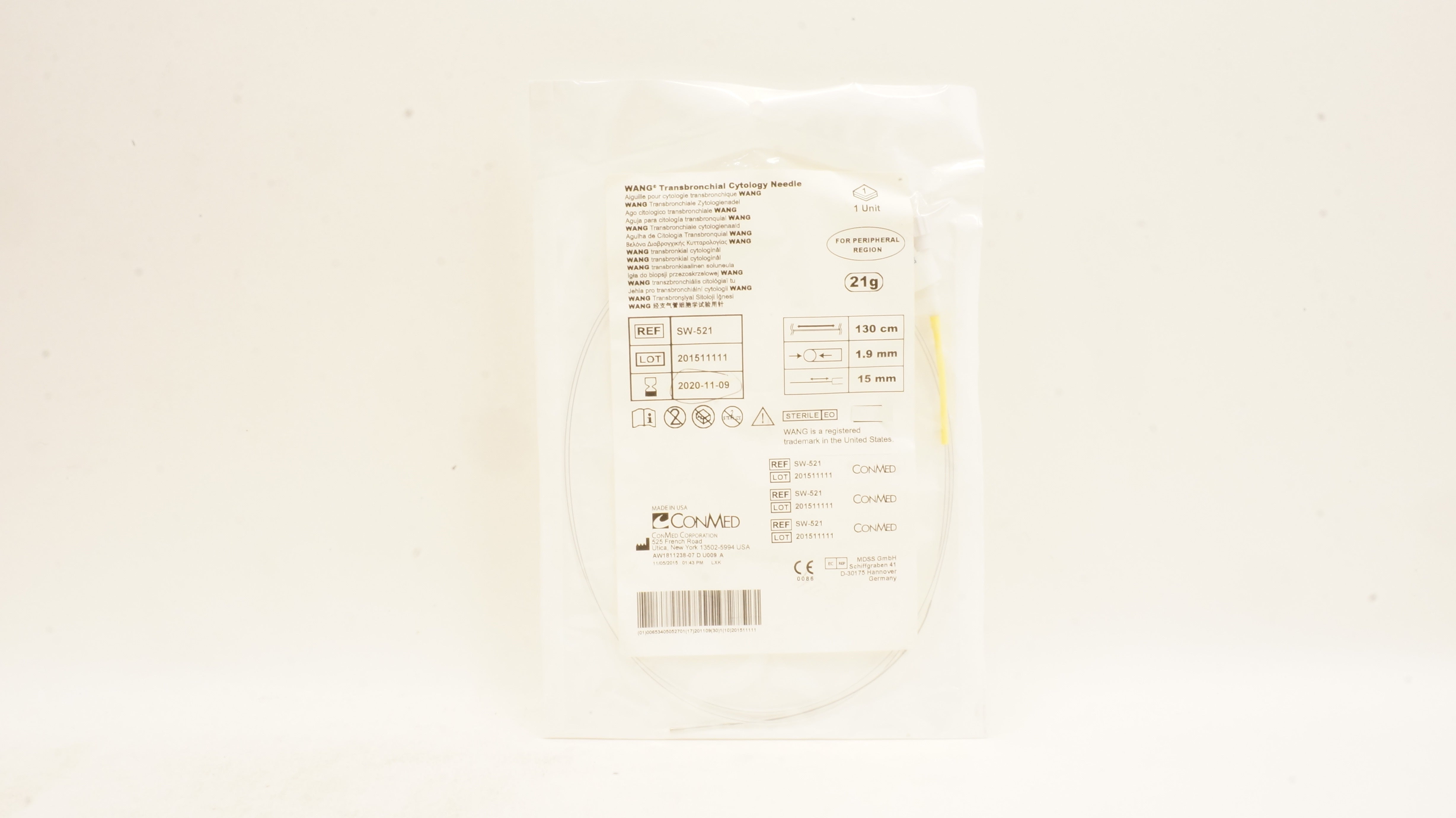 ConMed SW-521 Wang Transbronchial Cytology Ndle 21G x 130cm x 1.9mm x 15mm (x)