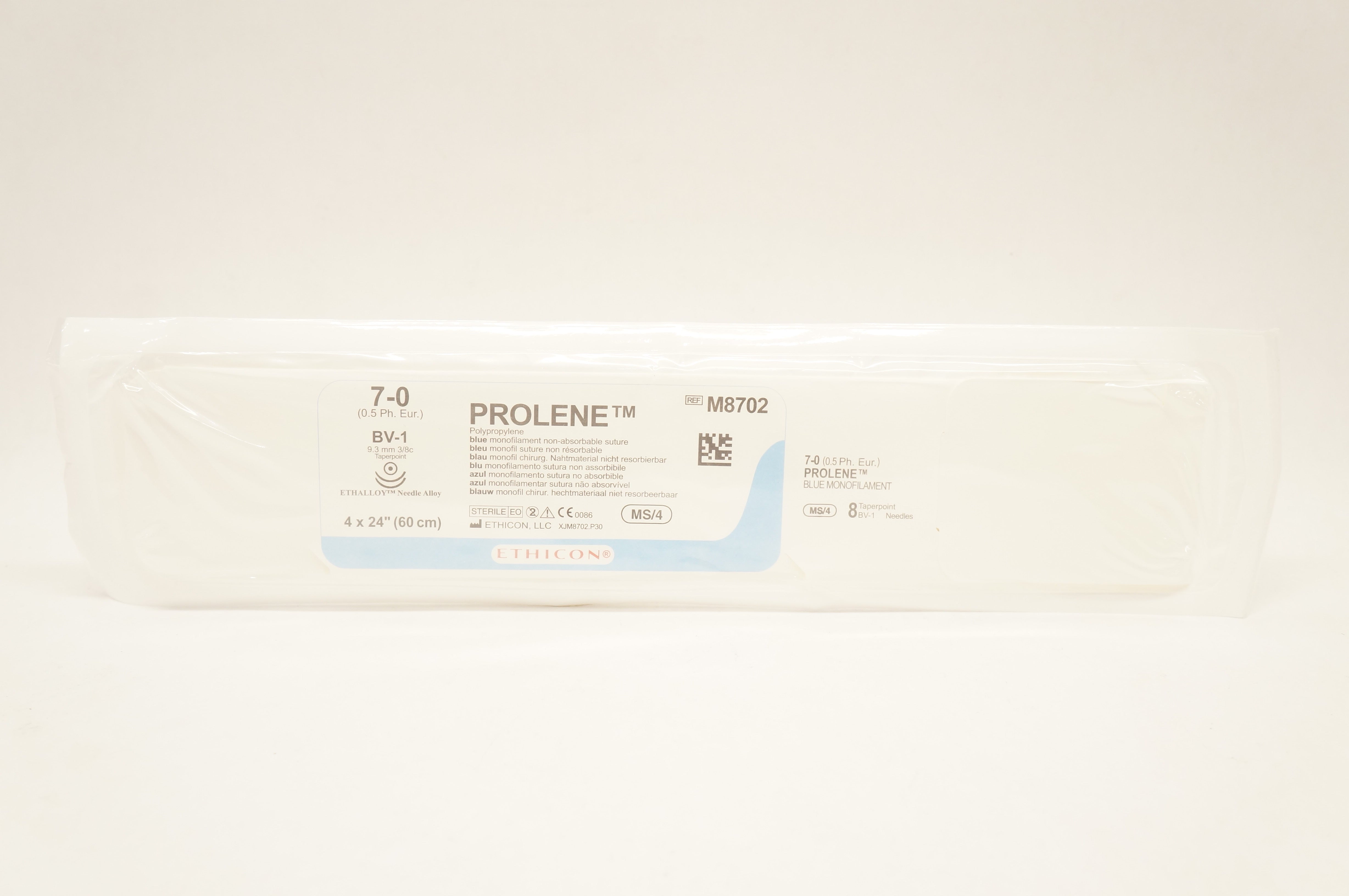 Ethicon M8702 7-0 Prolene Stre MS/4, 8 BV-1, 9.3mm 3/8c Taperpoint, 4 x 24inch