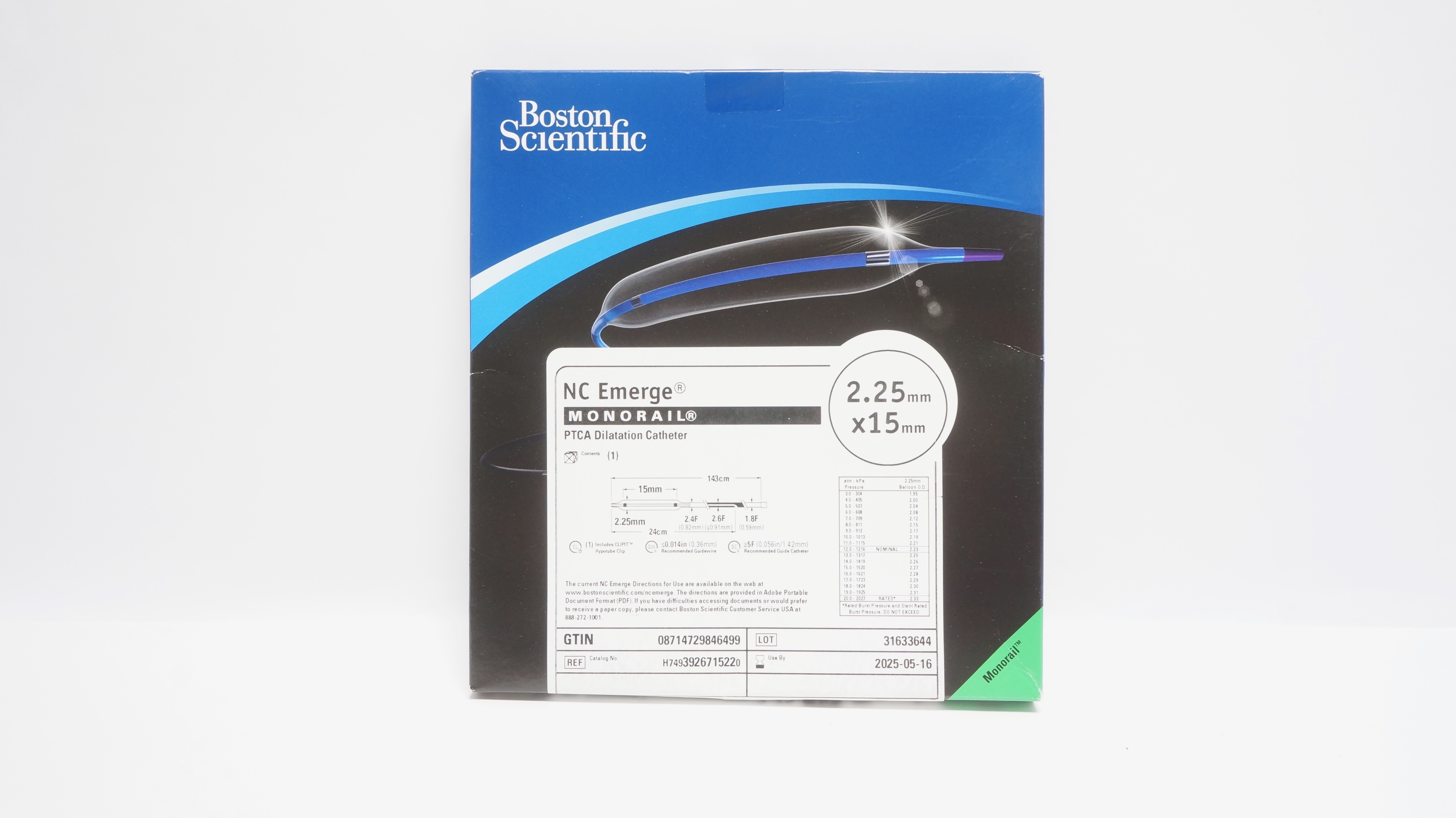 Boston Scientific 392671522 NC Emerge Monorail PTCA Dilatation Cath 2.25x15mm(x)