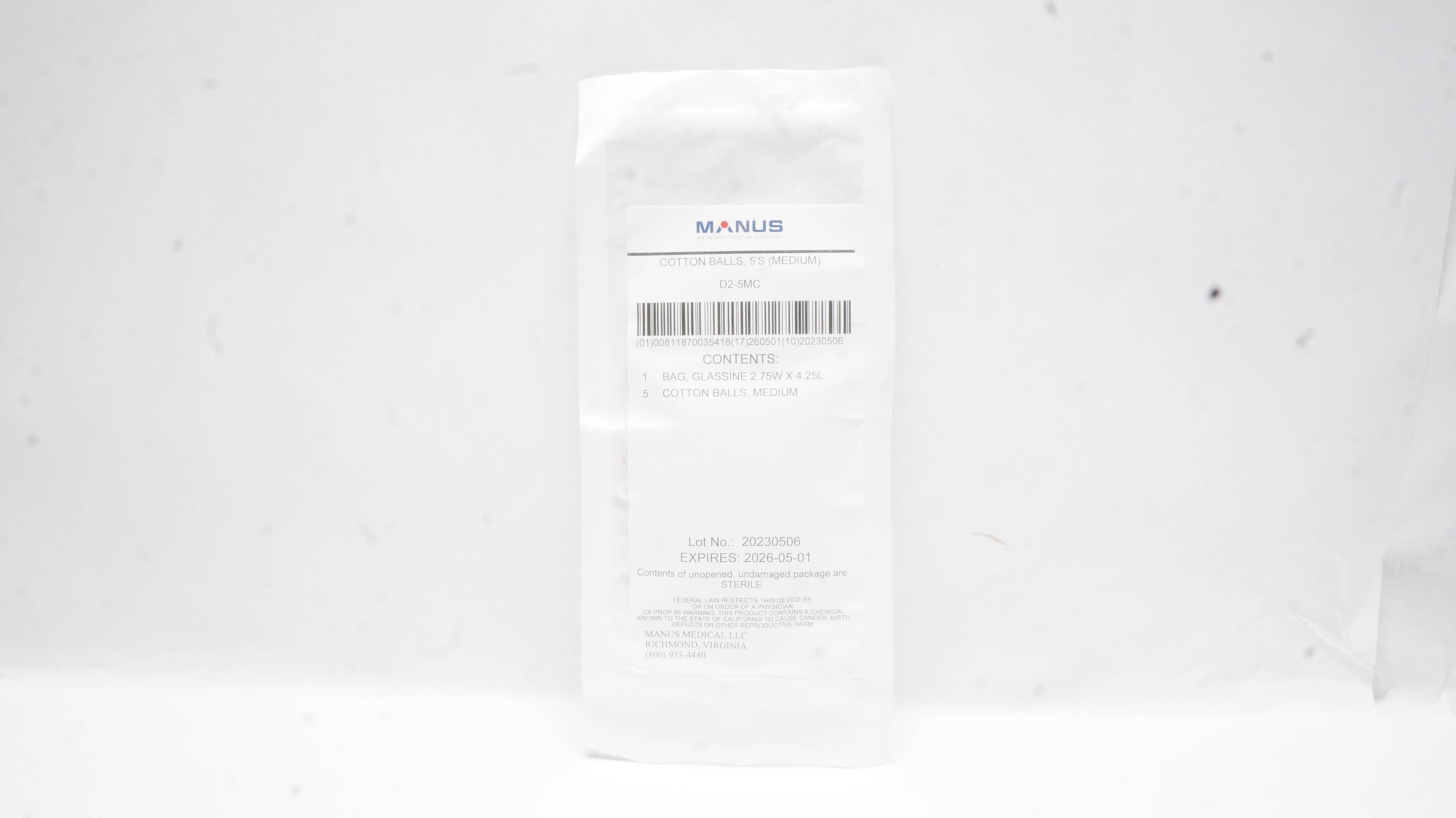 Manus Medical D2-5MC Cotton Balls, Medium - Pack of 5