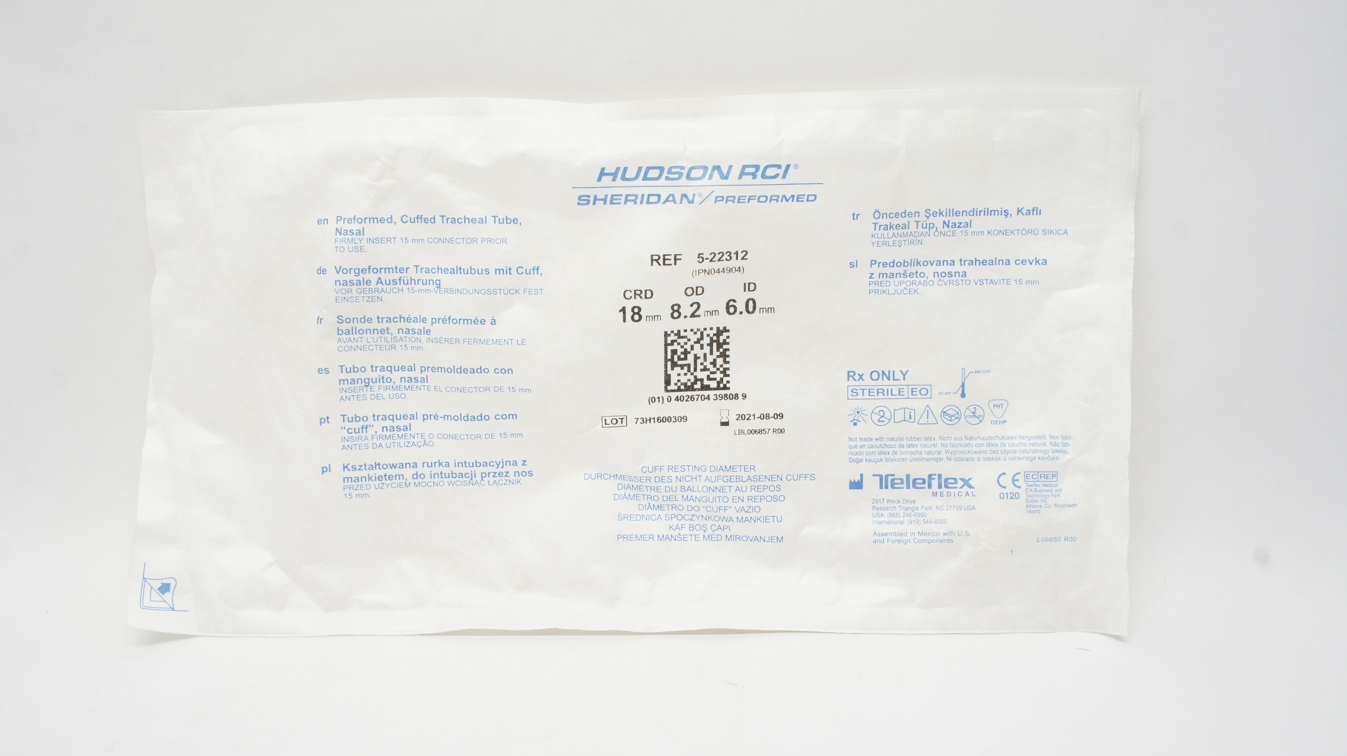 Teleflex 5-22312 Hudson RCI Cuffed Tracheal Tube, Nasal 8.2OD x 6.0ID x 18mm (x)