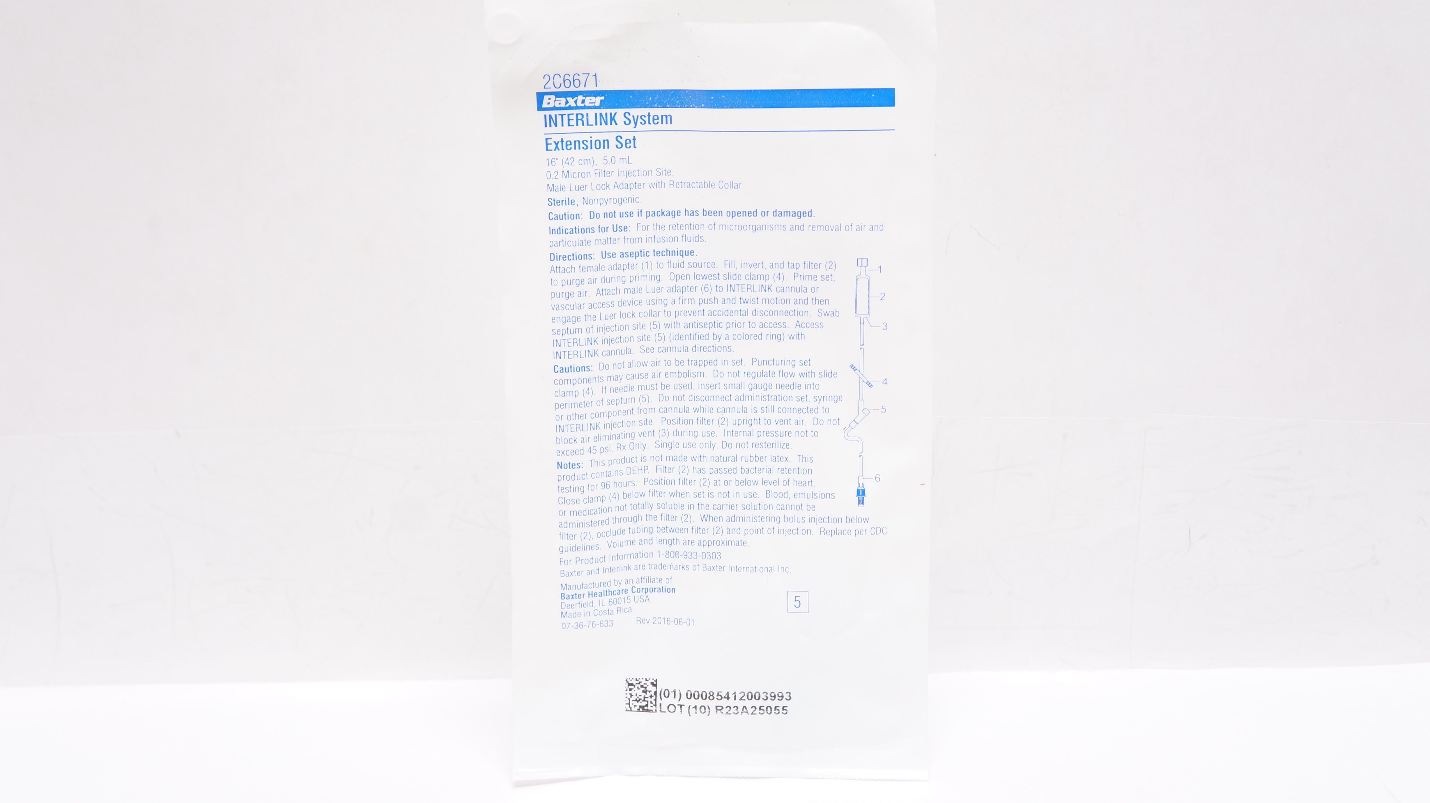 Baxter 2C6671 Interlink System Extension Set 16inch x 5.0mL 0.2Micron Filter