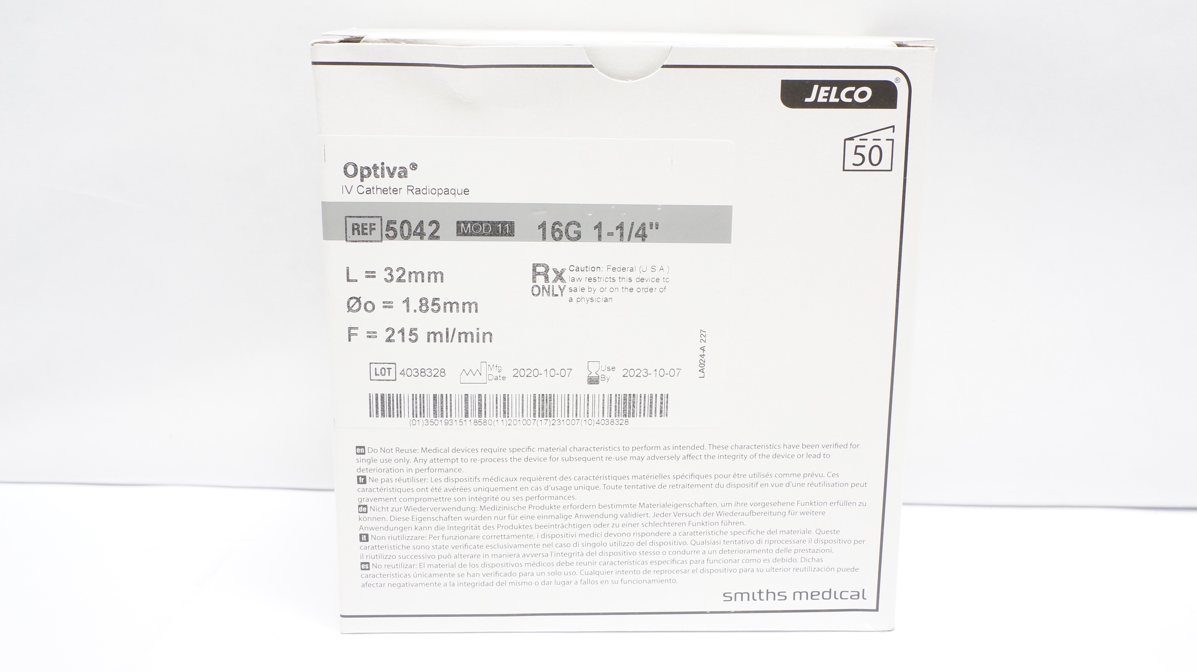 Smiths Medical 5042 Jelco Optiva IV Cath. 16G x 1-1/4inch - Box of 50 (x)