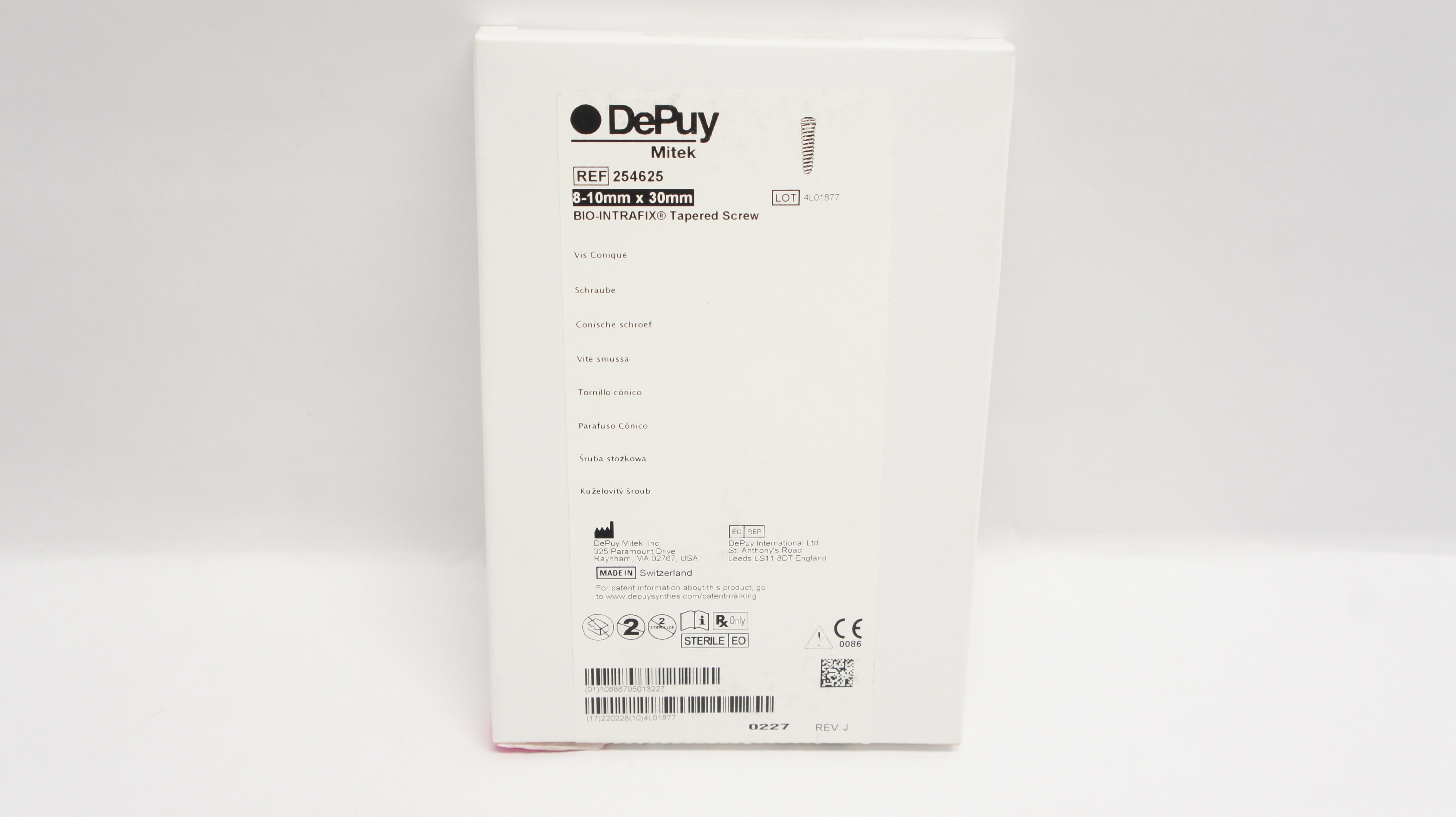 DePuy Mitek 254625 Bio-Inrafix Tapered Screw 8-10mm x 30mm (x)