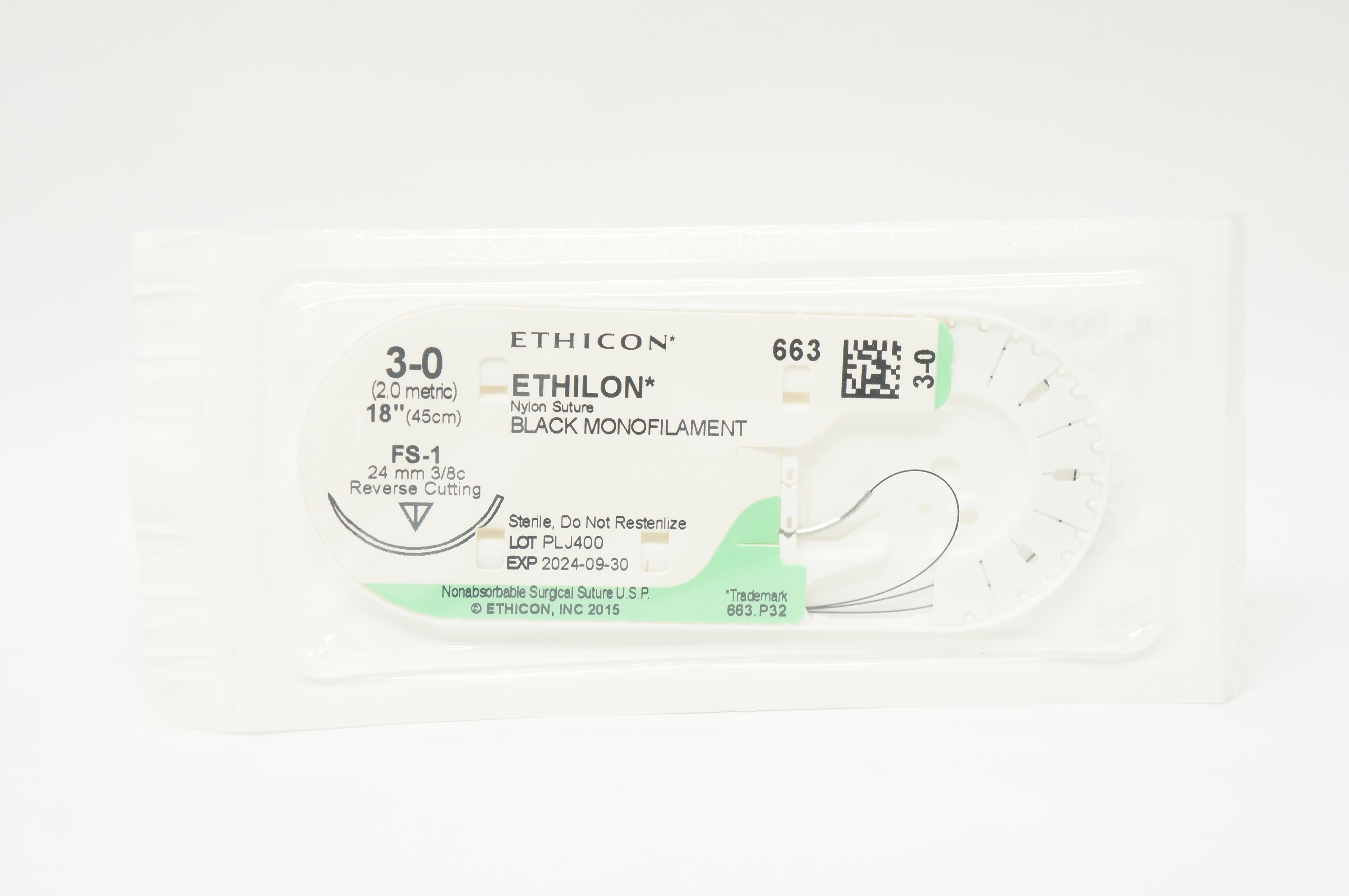 Ethicon 663 3-0 Ethilon Nylon Stre FS-1 24mm 3/8c Reverse Cutting, 18 inch