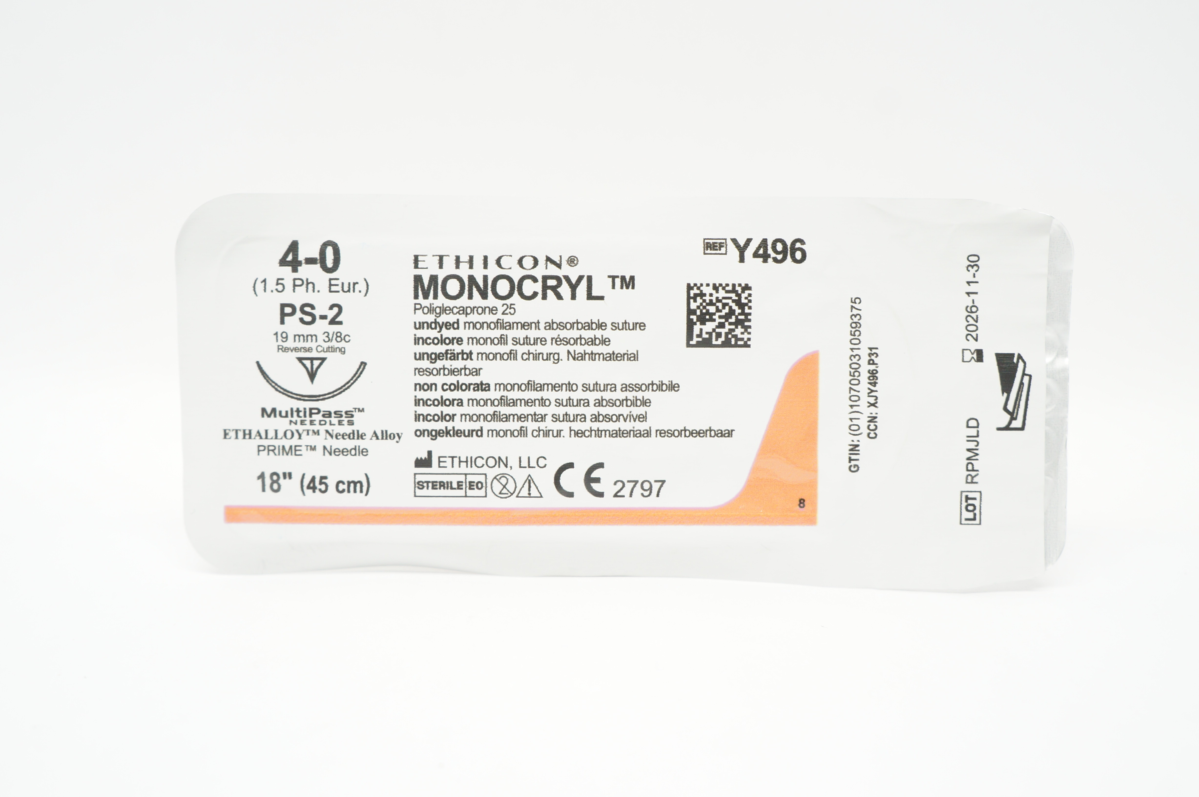 Ethicon Y496 4-0 Monocryl Undyed Stre PS-2 19mm 3/8c Reverse Cutting, 18inch