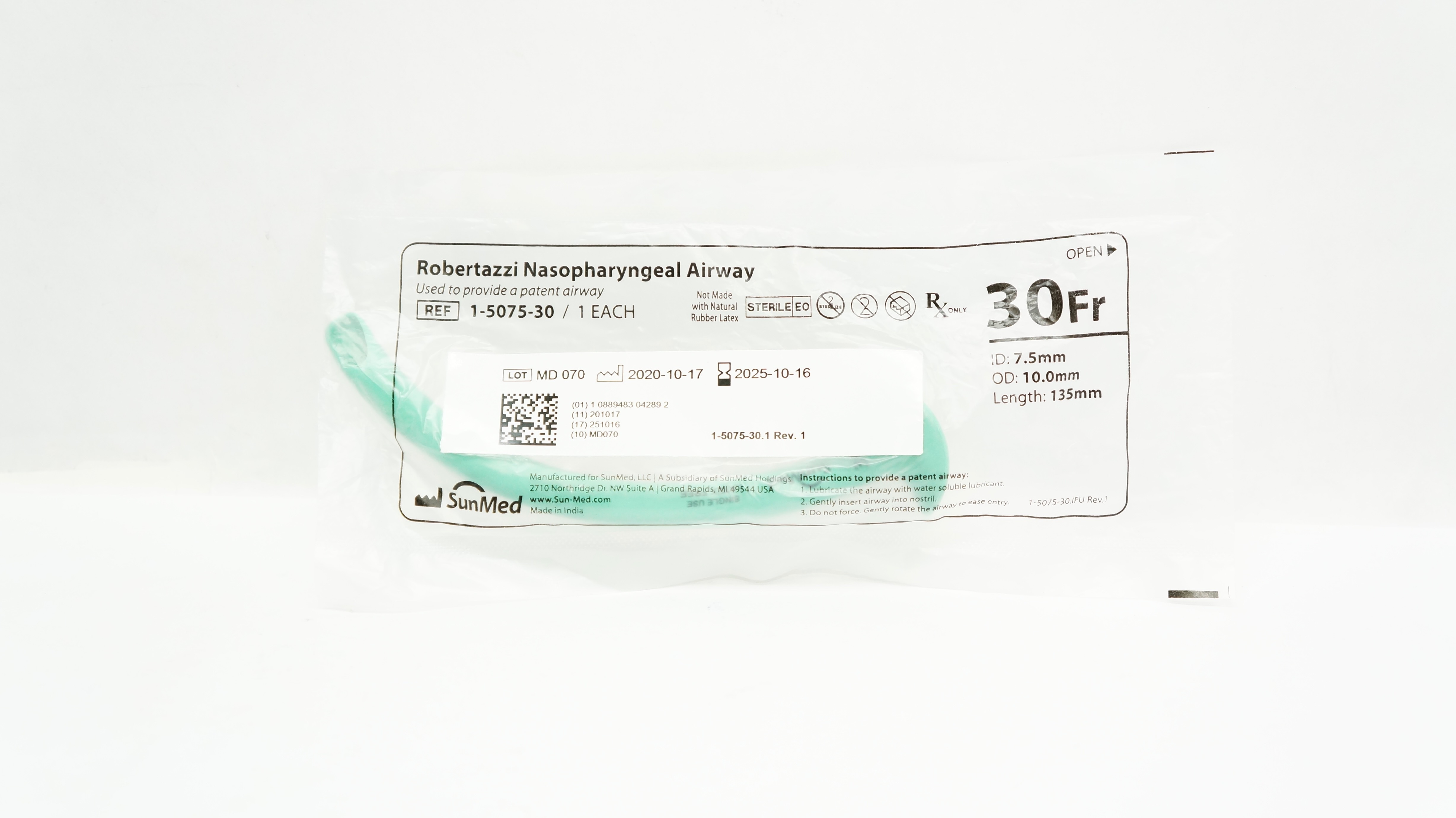 SunMed 1-5075-30 Robertazzi Nasopharyngeal Airway 30Fr 7.5 ID x 10.0 OD x 135mm