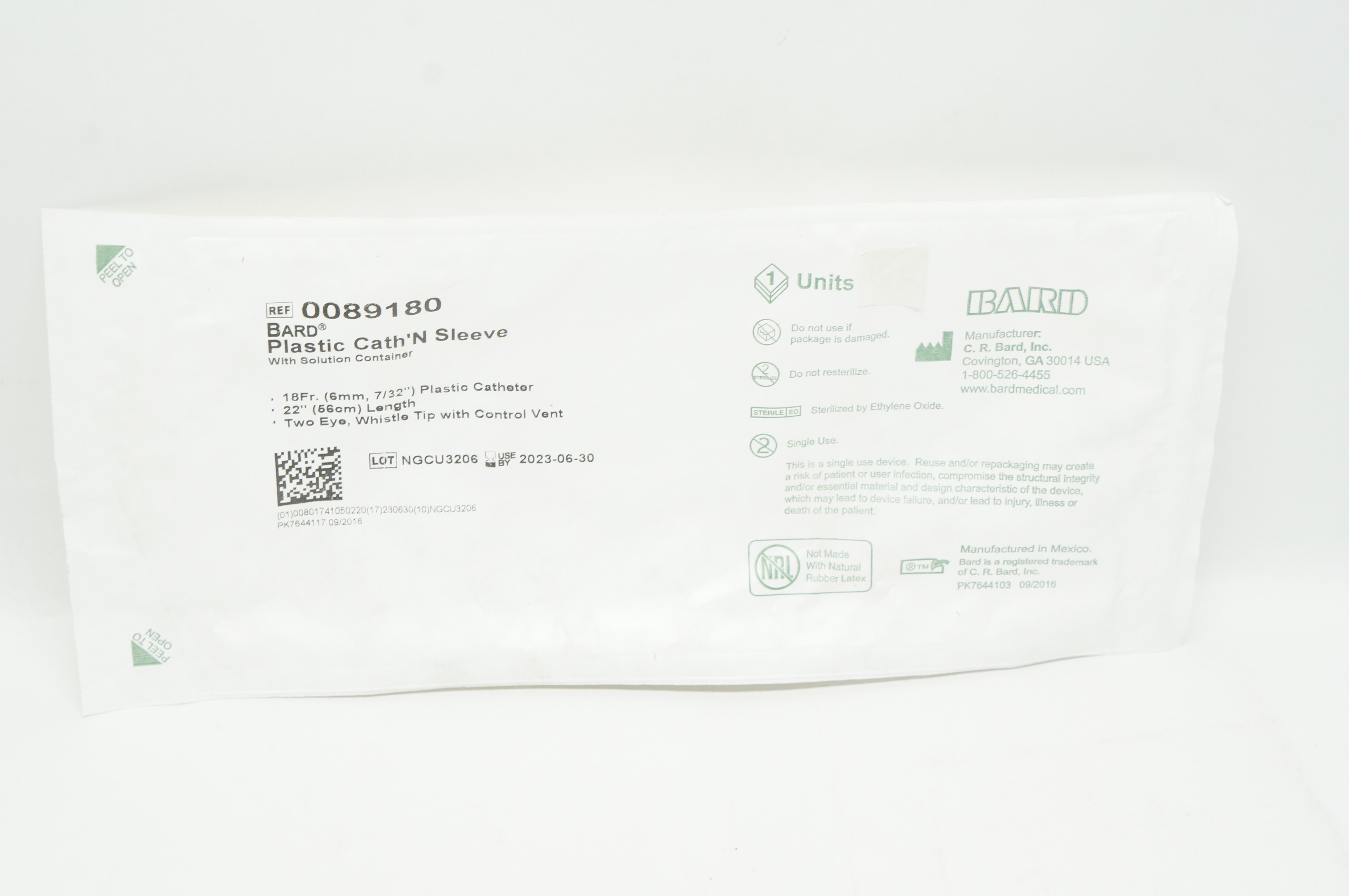 Bard 0089180 100% Latex-Free Plastic Cath'N Sleeve with Solution Container 18Fr