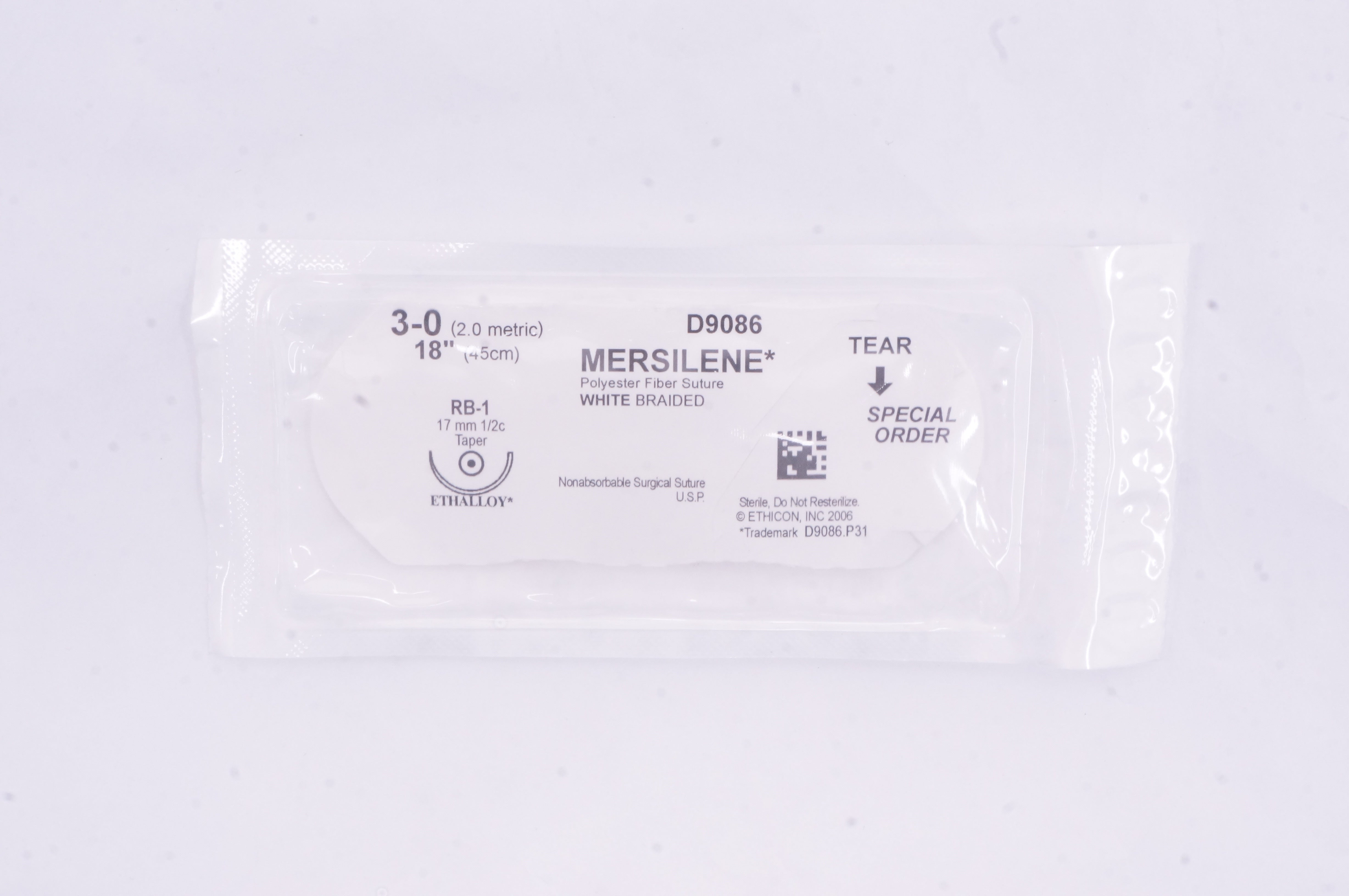 Ethicon D9086 Mersilene Polyester Fiber Stre White Braided 3-0 RB-1 18inch