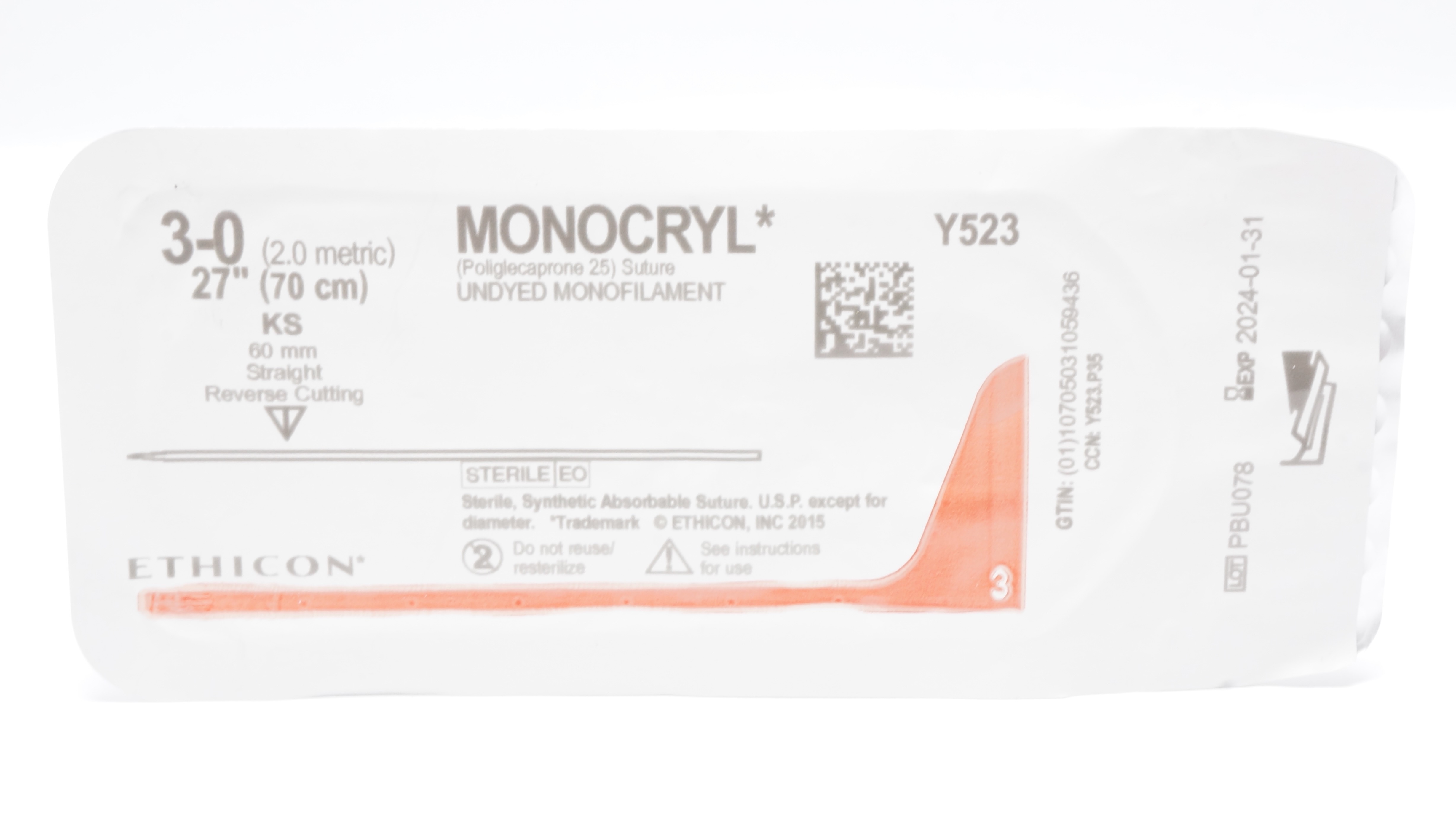 Ethicon Y523 3-0 MONOCRYL Stre KS 60mm Straight Reverse Cutting 27inch (x)