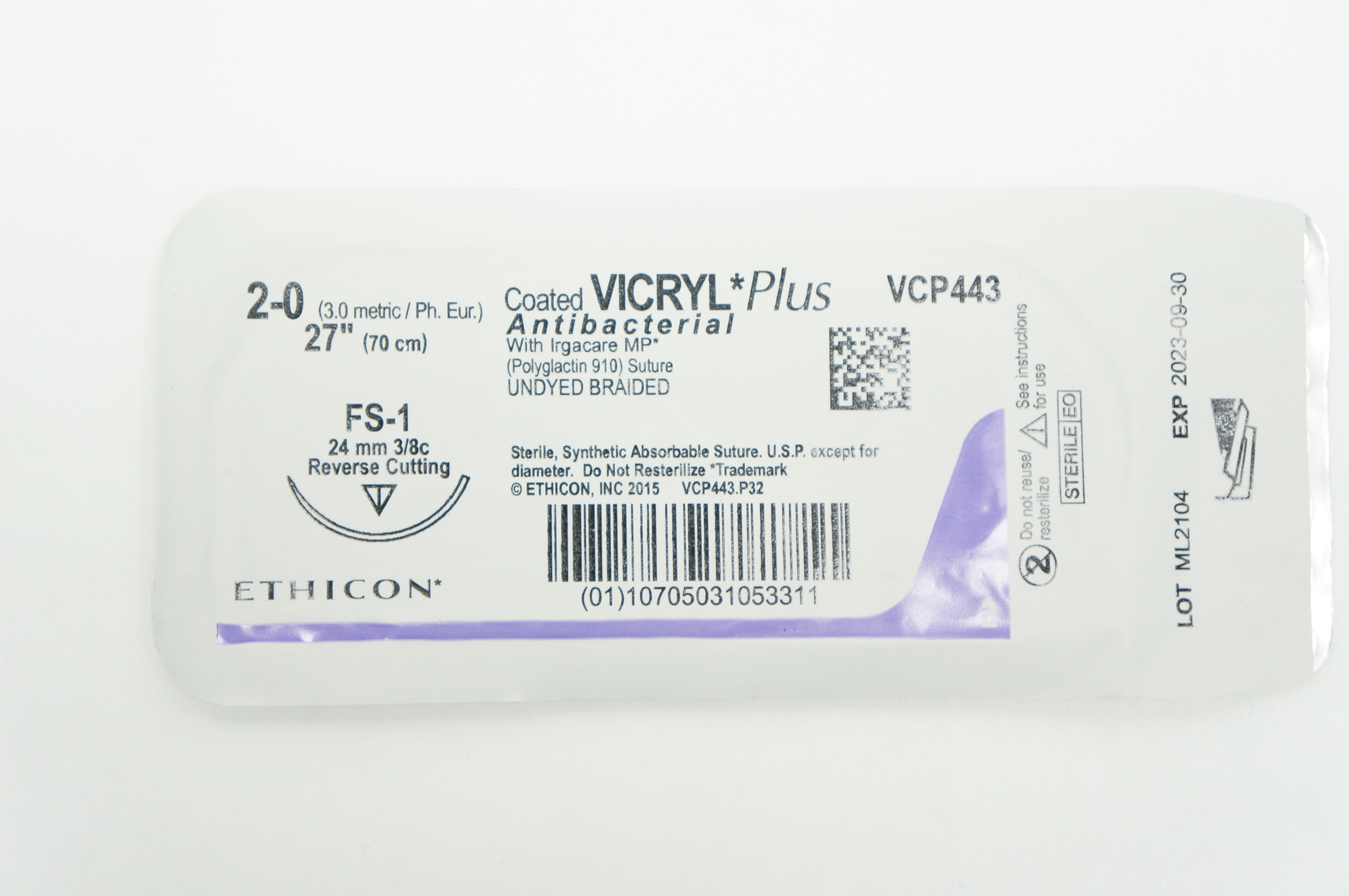 Ethicon VCP443 2-0 VICRYL Plus FS-1 24mm 3/8c Reverse Cutting 27inch