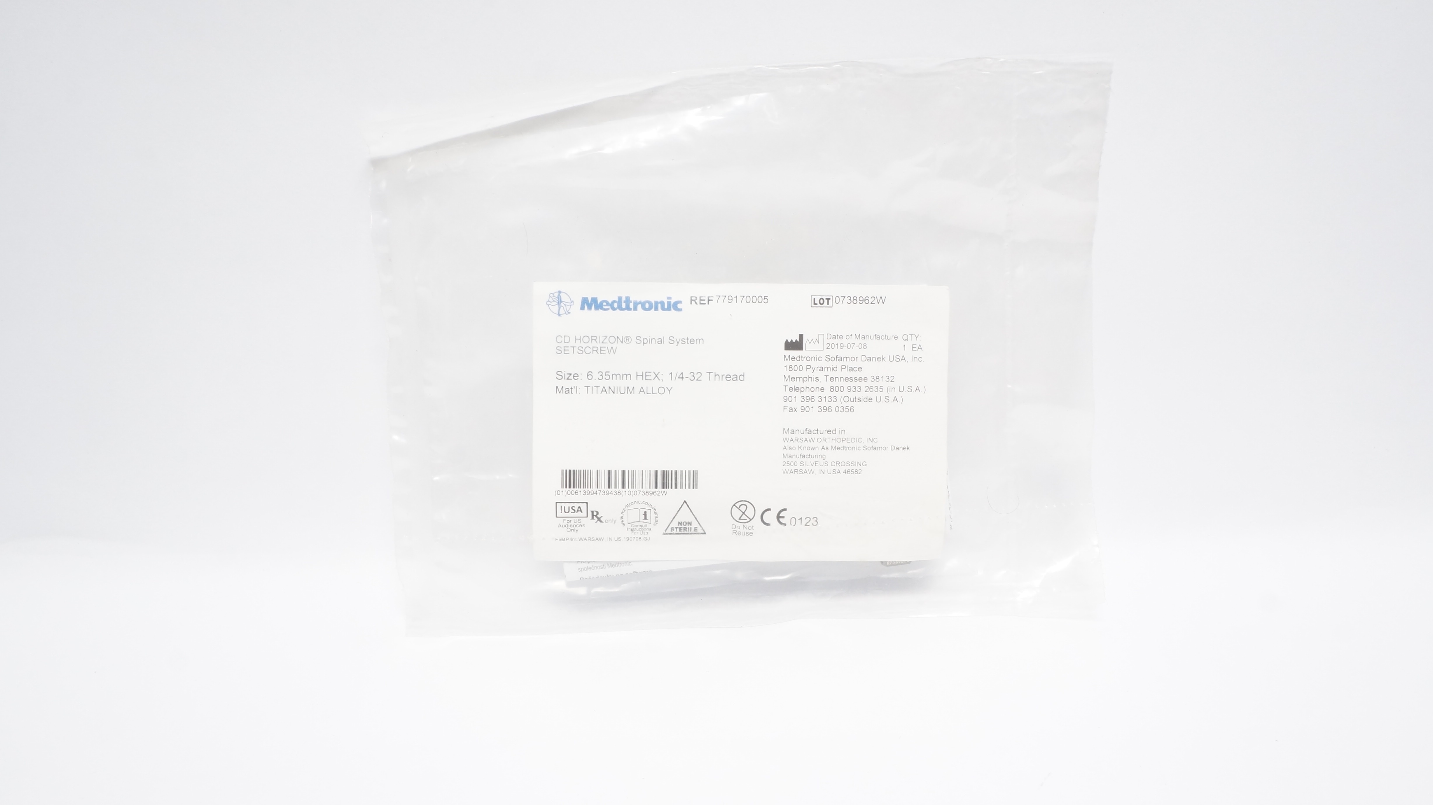 Medtronic 779170005 CD Horizon Spinal System SETSCREW 6.35mm Hex; 1/4-32 Thread