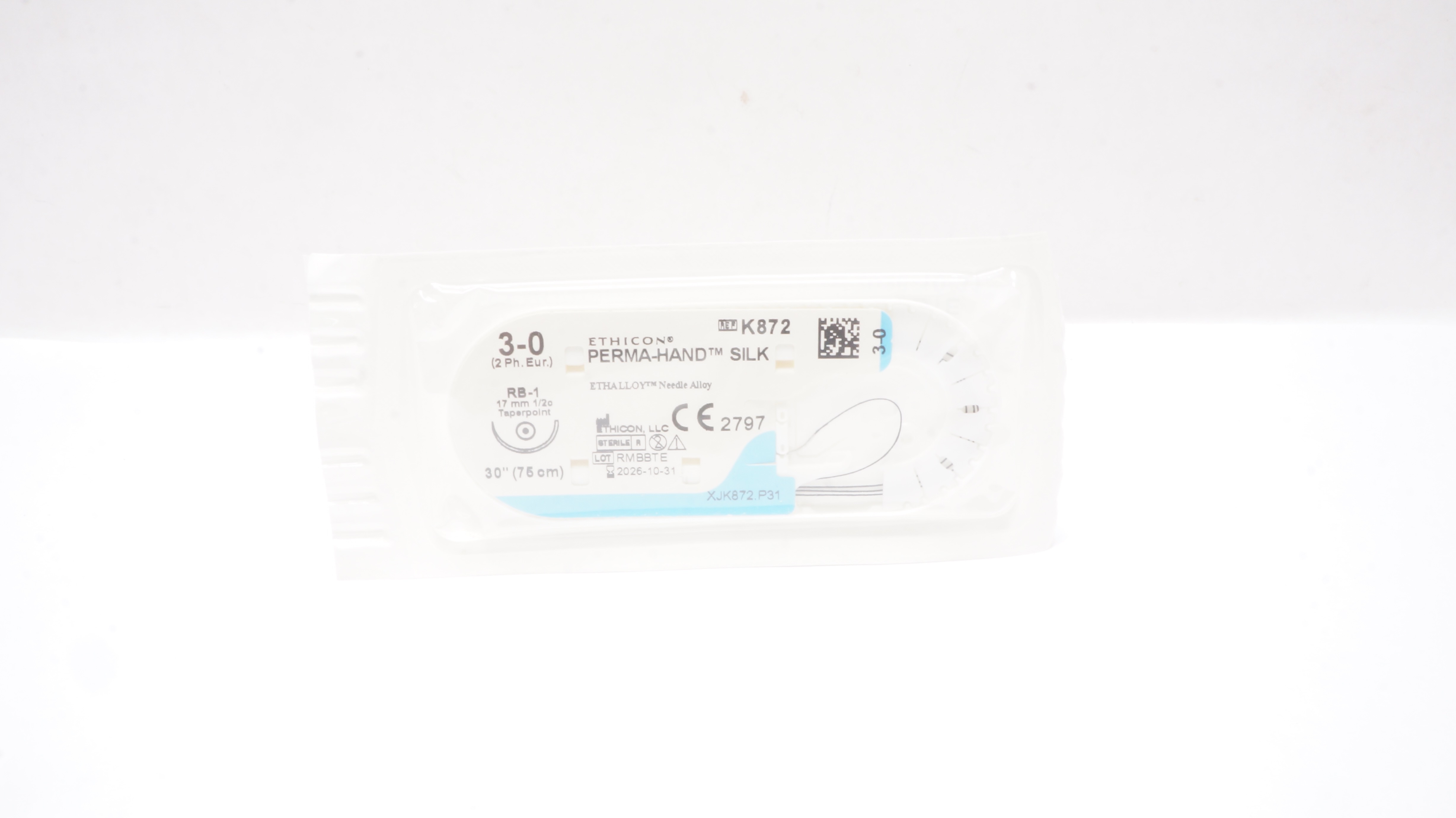 Ethicon K872 3-0 Perma-Hand Silk Stre RB-1 17mm 1/2c Taperpoint 30inch