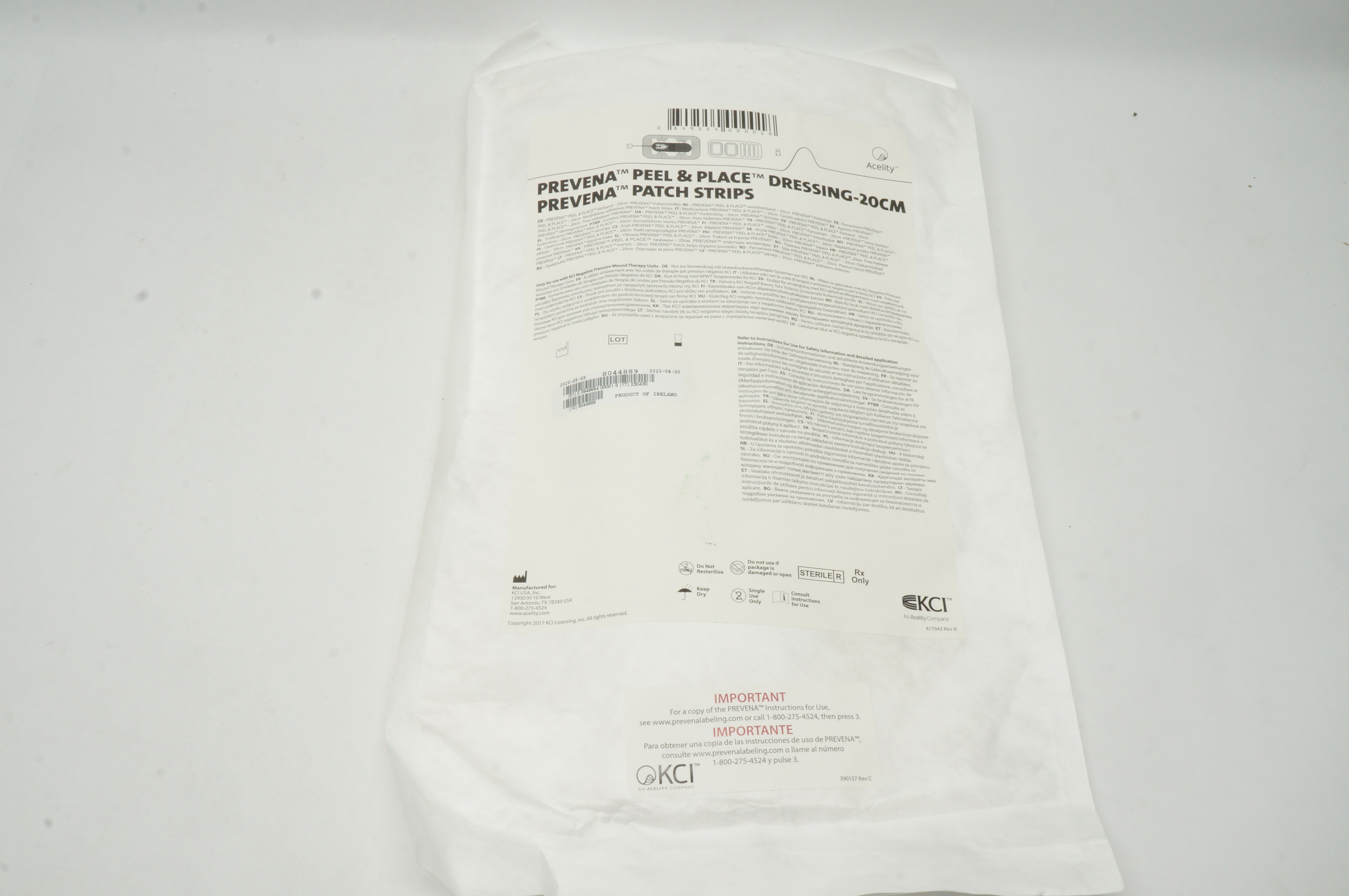 KCI PRE1001US Prevena Incision Management System Peel & Place Dressing 20cm