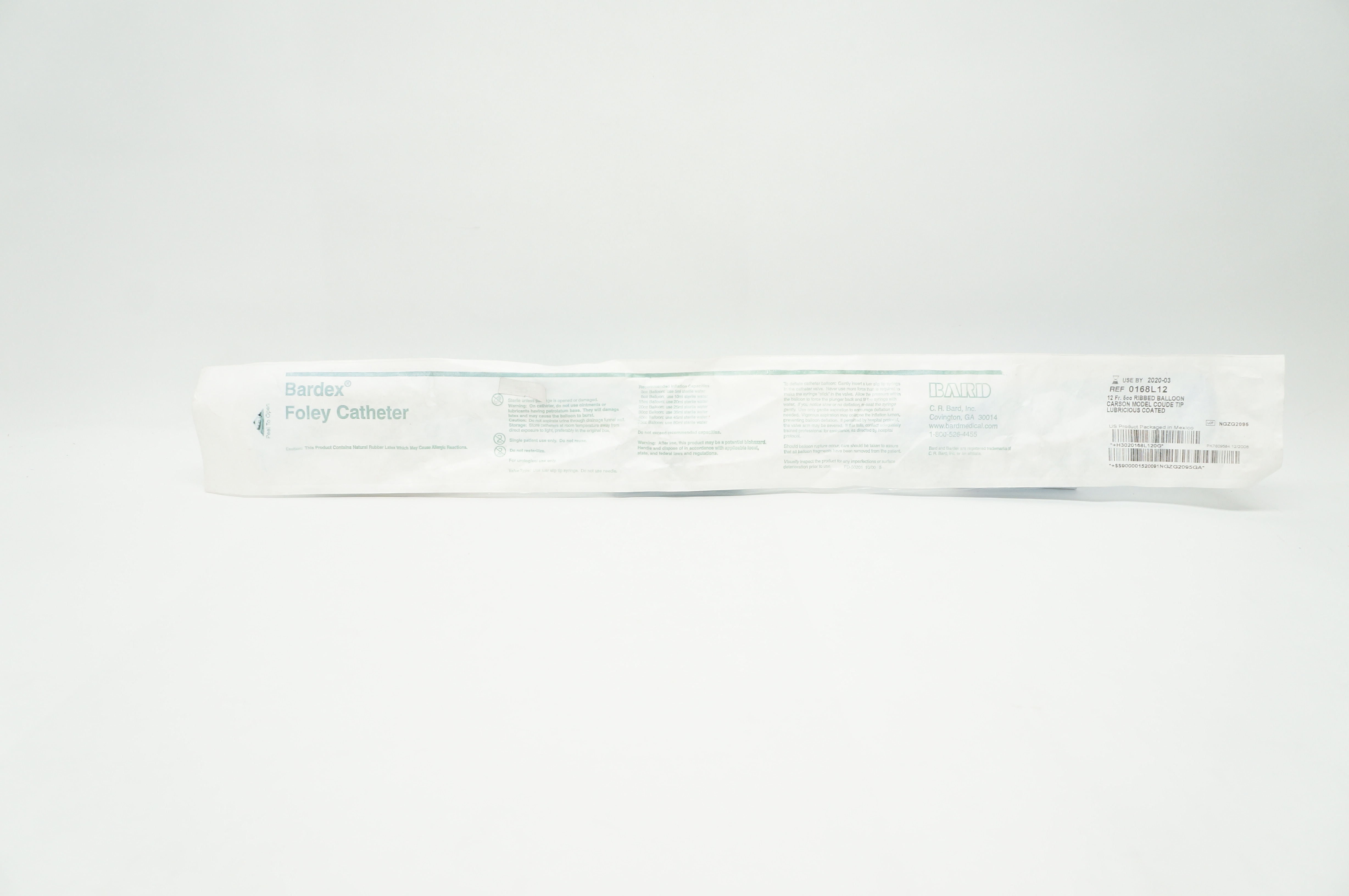 Bard 0168L12 Bardex Foley Cath.12 Fr. 5cc Ribbed Balloon Carson Coude Tip (x)